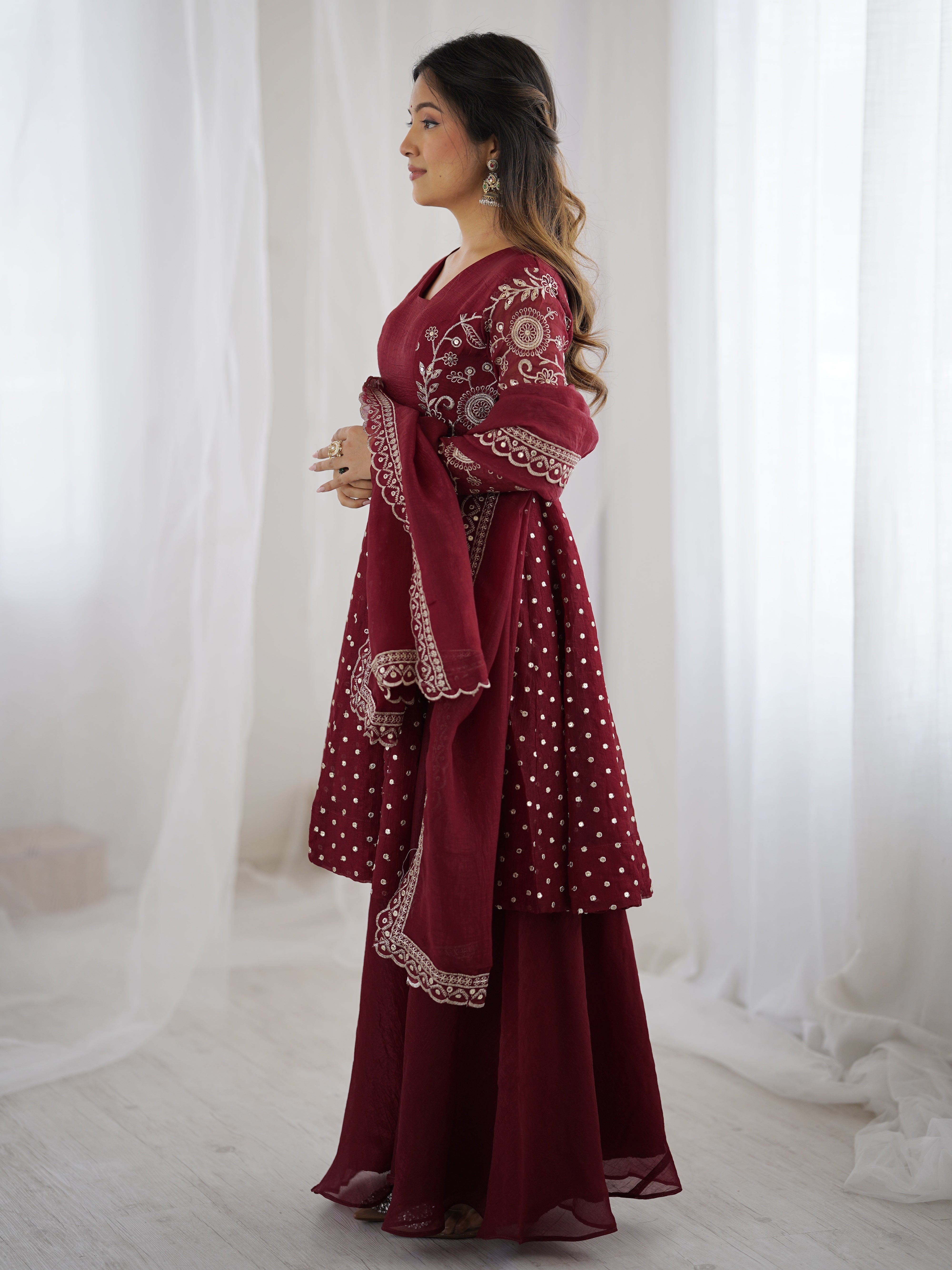 Womenline Burgundy Starlight Designer Sharara Suit Set with Embroidered Dupatta