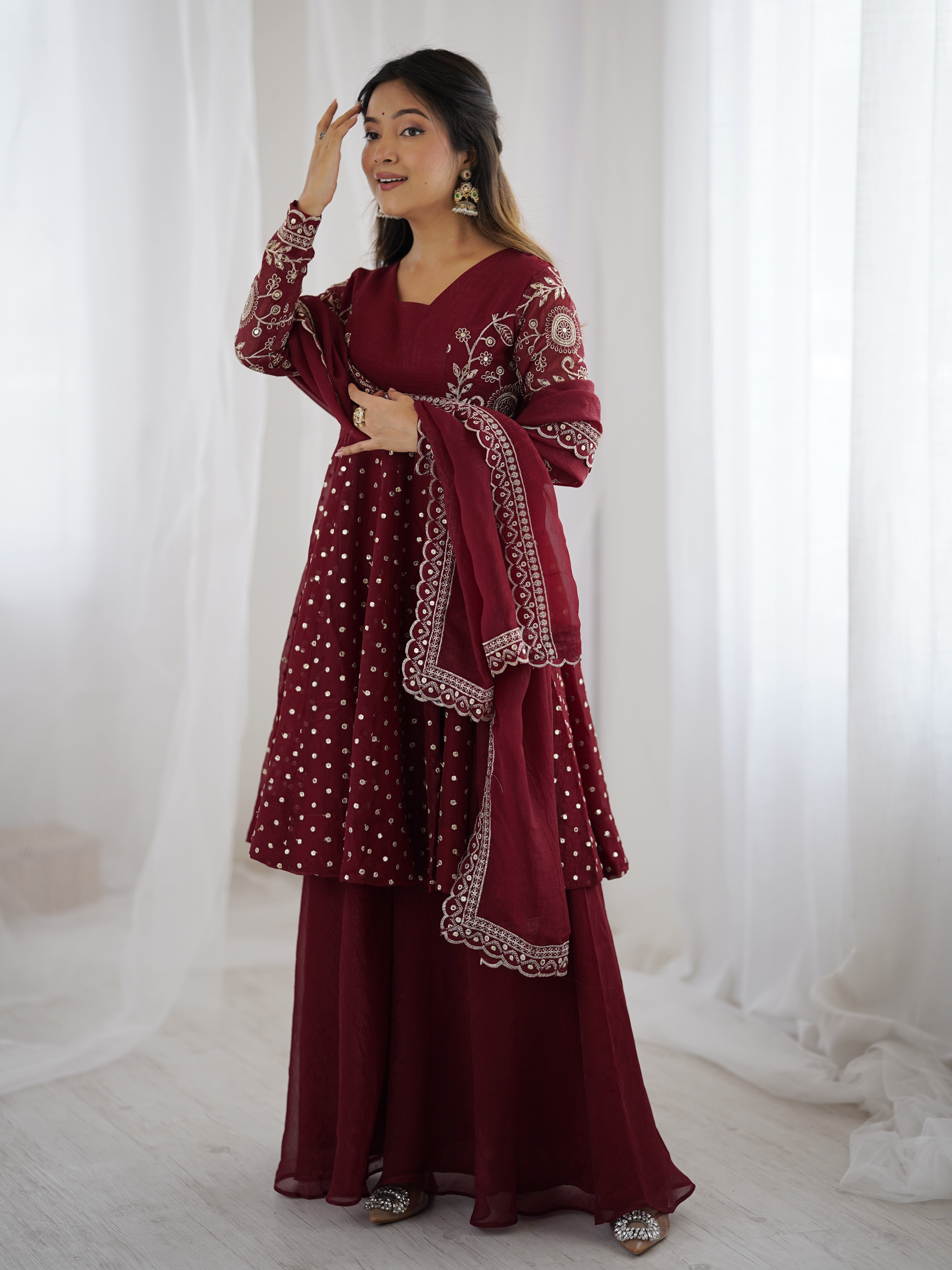 Womenline Burgundy Starlight Designer Sharara Suit Set with Embroidered Dupatta