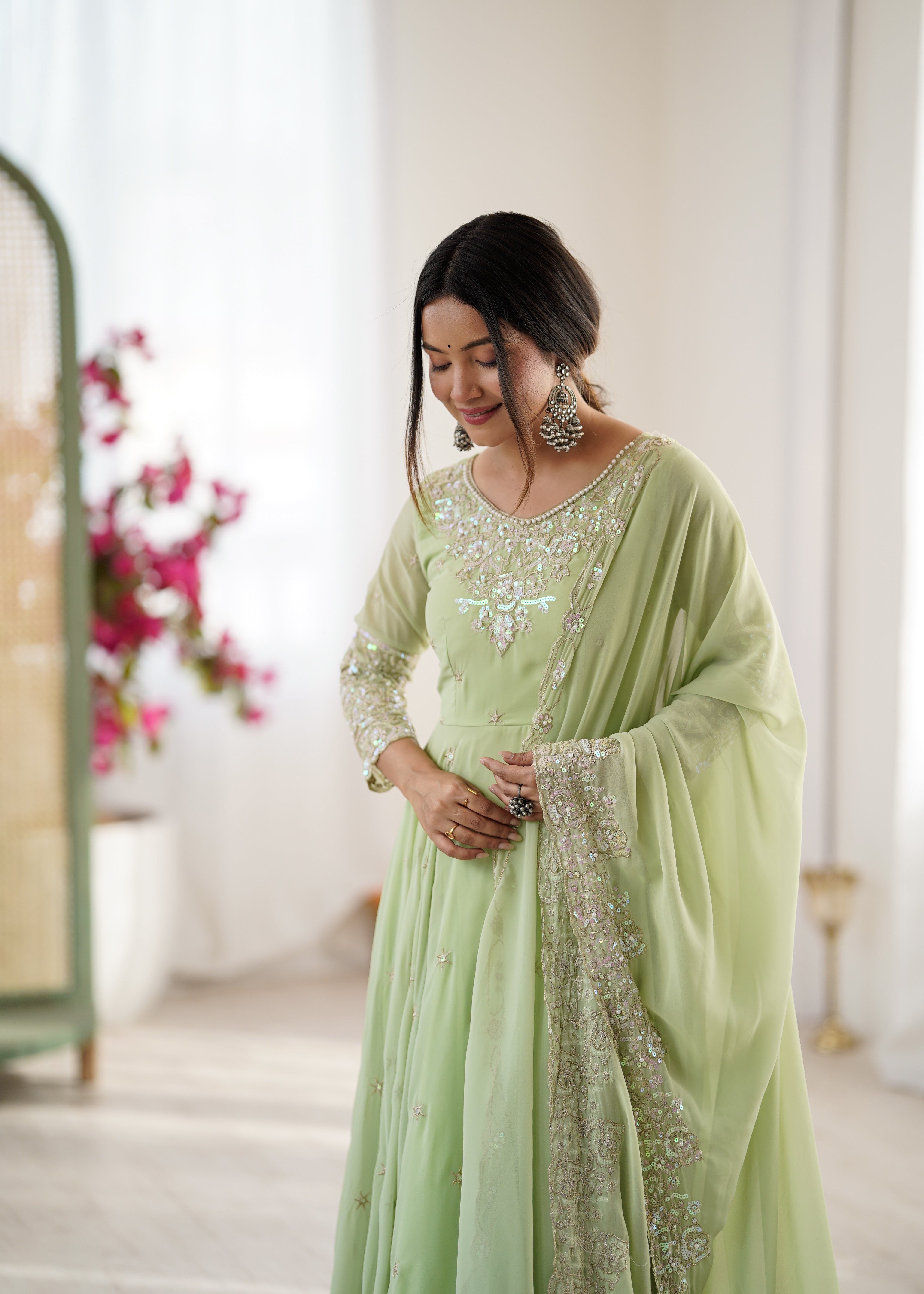 Womenline Pastel Green Embroidered Anarkali Suit Set with Sequined Dupatta
