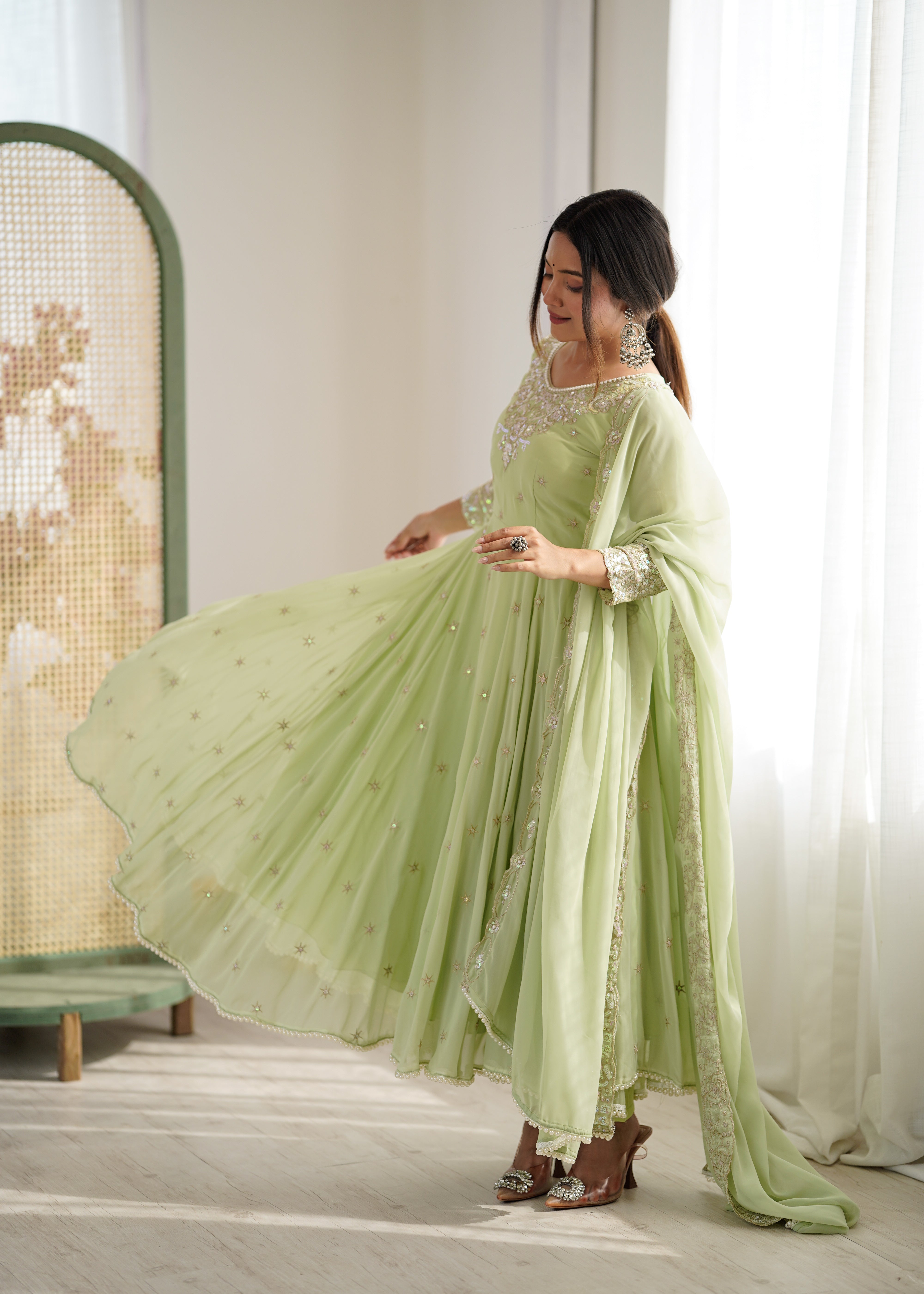 Womenline Pastel Green Embroidered Anarkali Suit Set with Sequined Dupatta