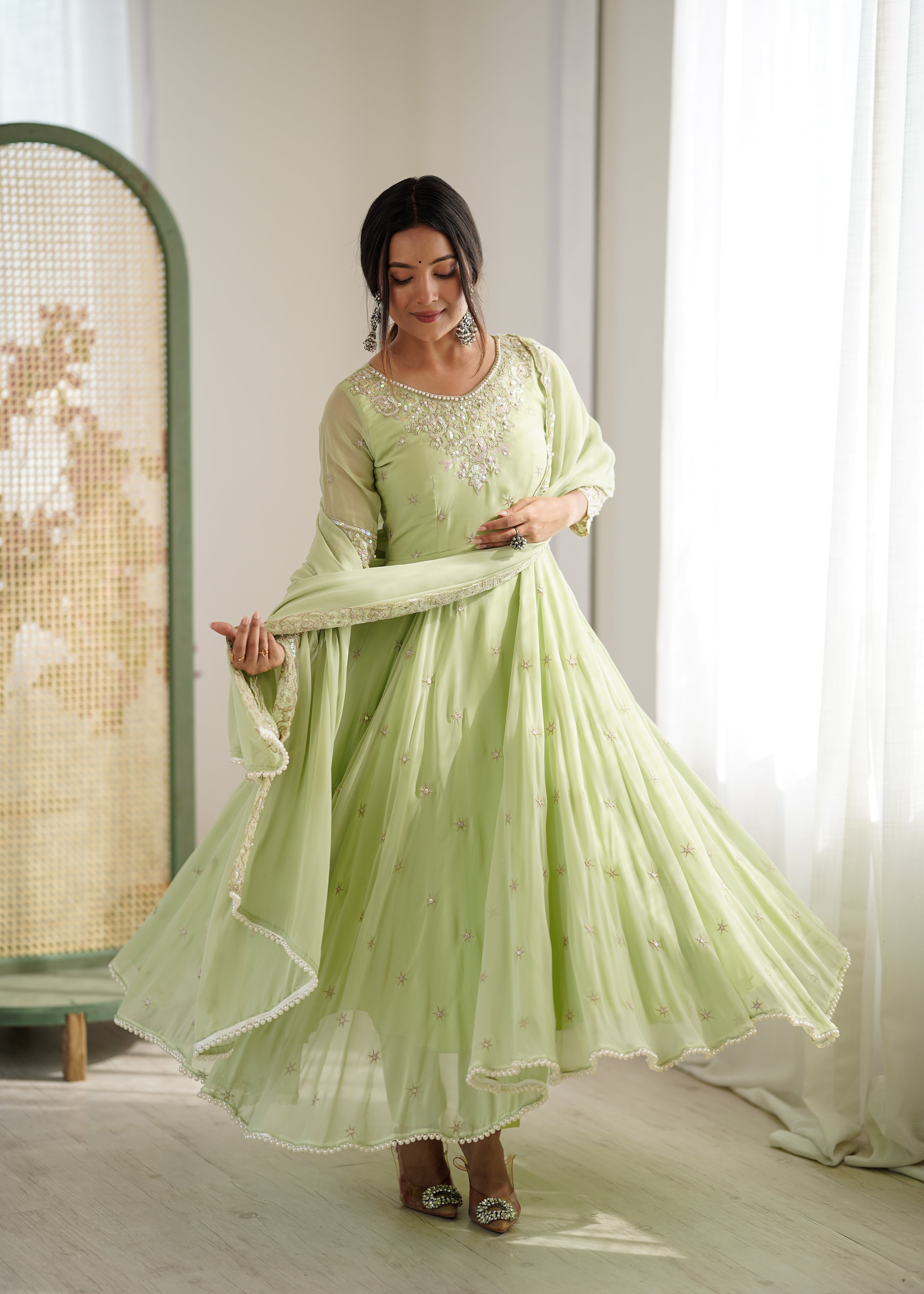 Womenline Pastel Green Embroidered Anarkali Suit Set with Sequined Dupatta