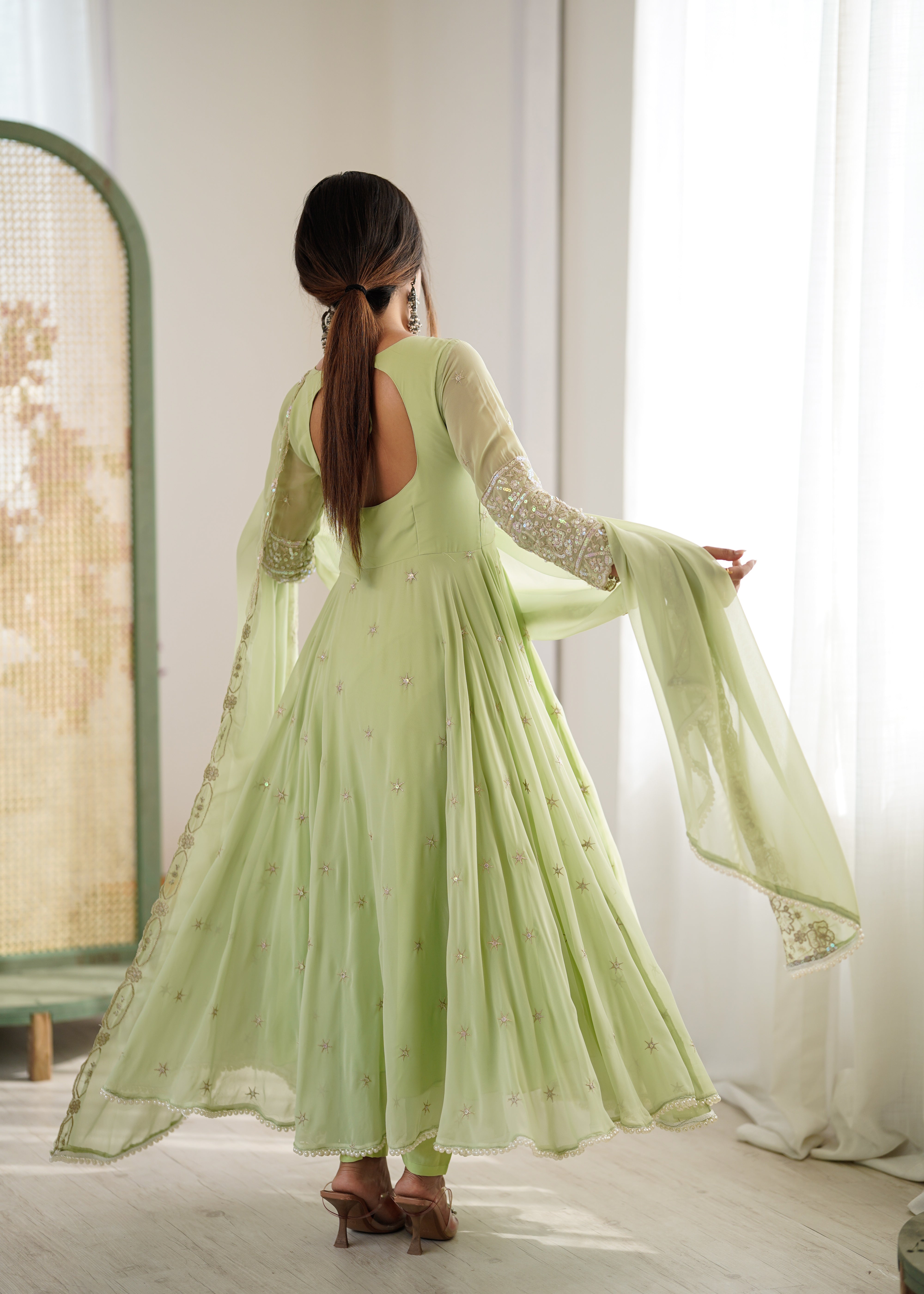 Womenline Pastel Green Embroidered Anarkali Suit Set with Sequined Dupatta