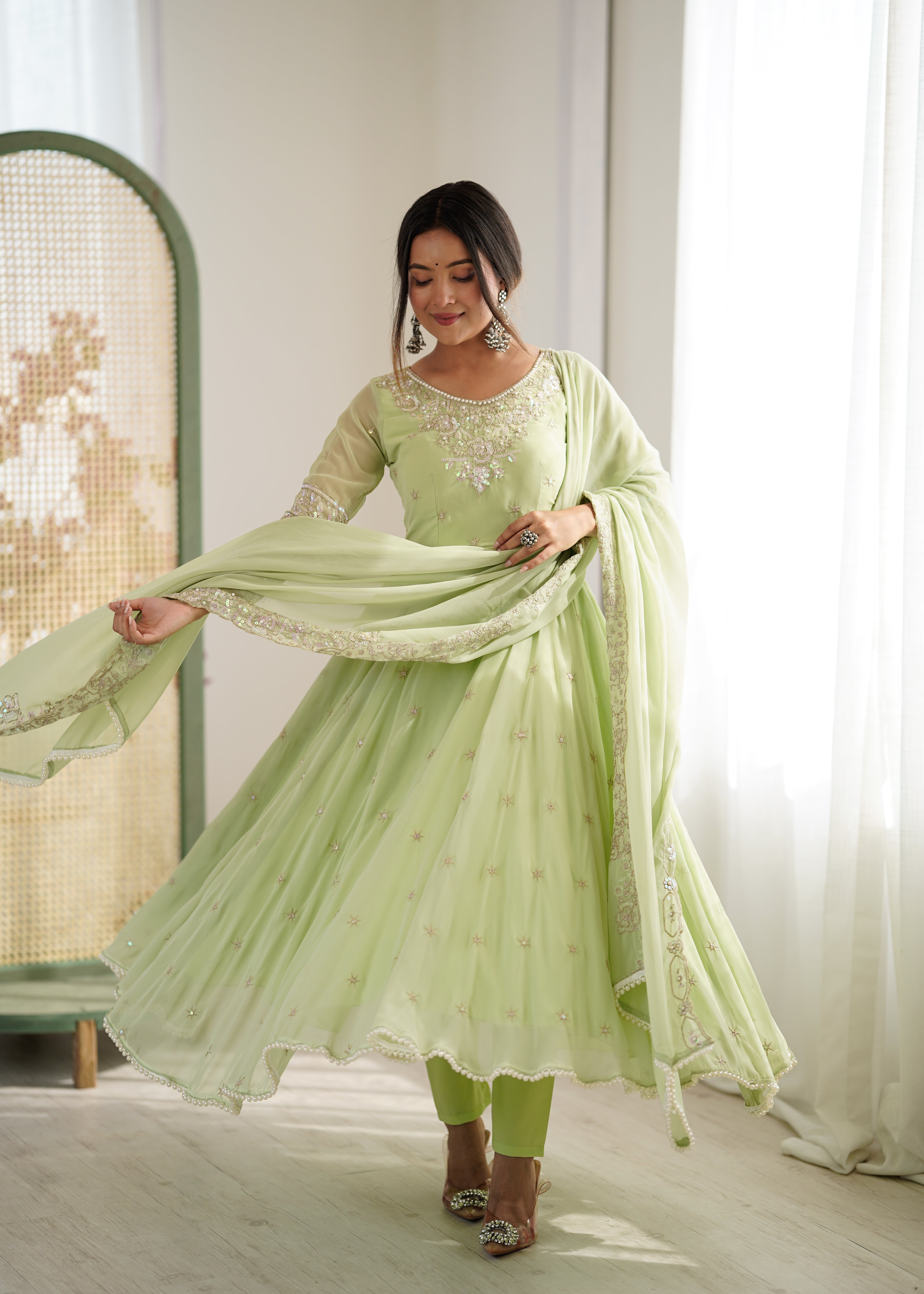 Womenline Pastel Green Embroidered Anarkali Suit Set with Sequined Dupatta