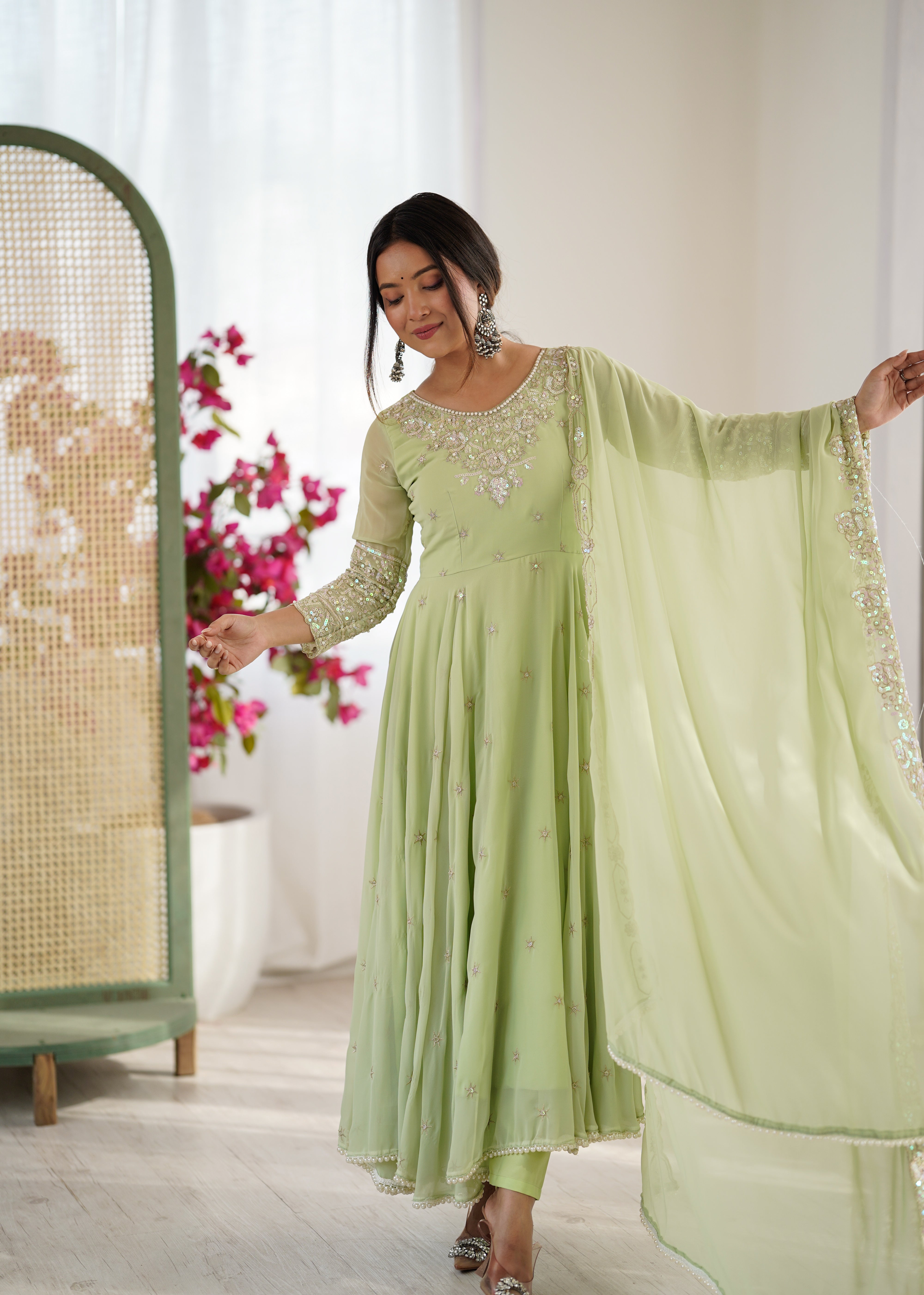 Womenline Pastel Green Embroidered Anarkali Suit Set with Sequined Dupatta
