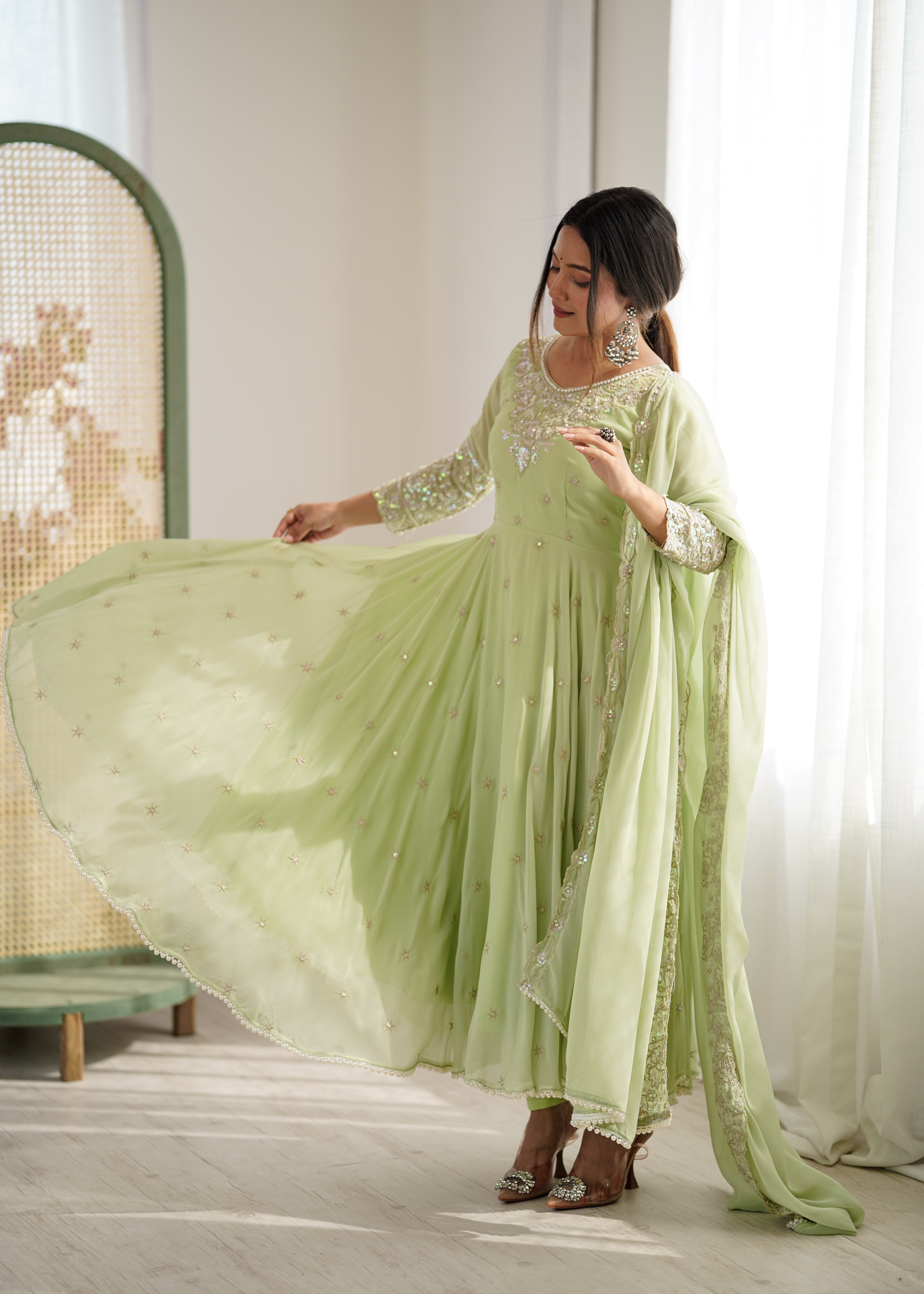 Womenline Pastel Green Embroidered Anarkali Suit Set with Sequined Dupatta