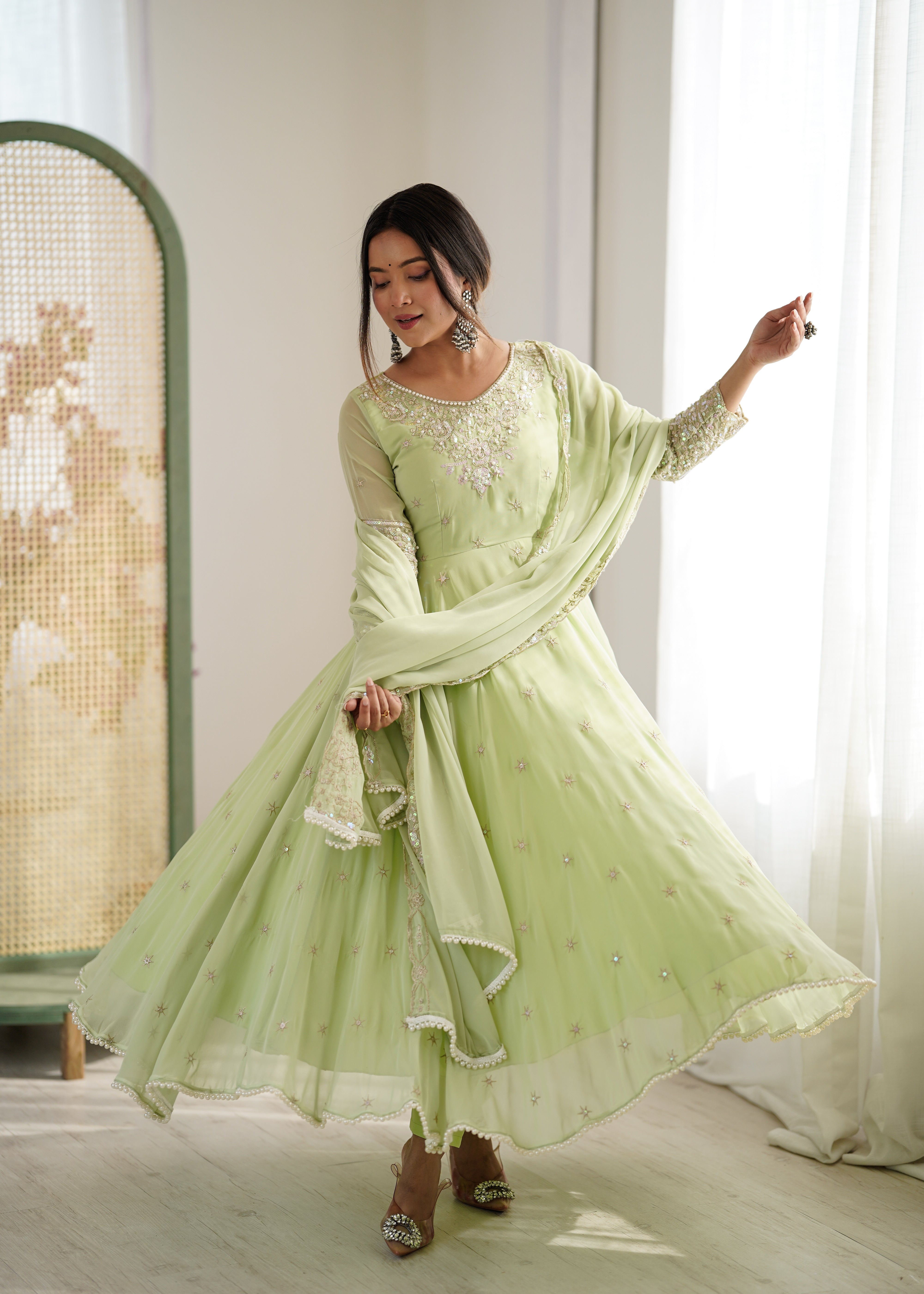 Womenline Pastel Green Embroidered Anarkali Suit Set with Sequined Dupatta