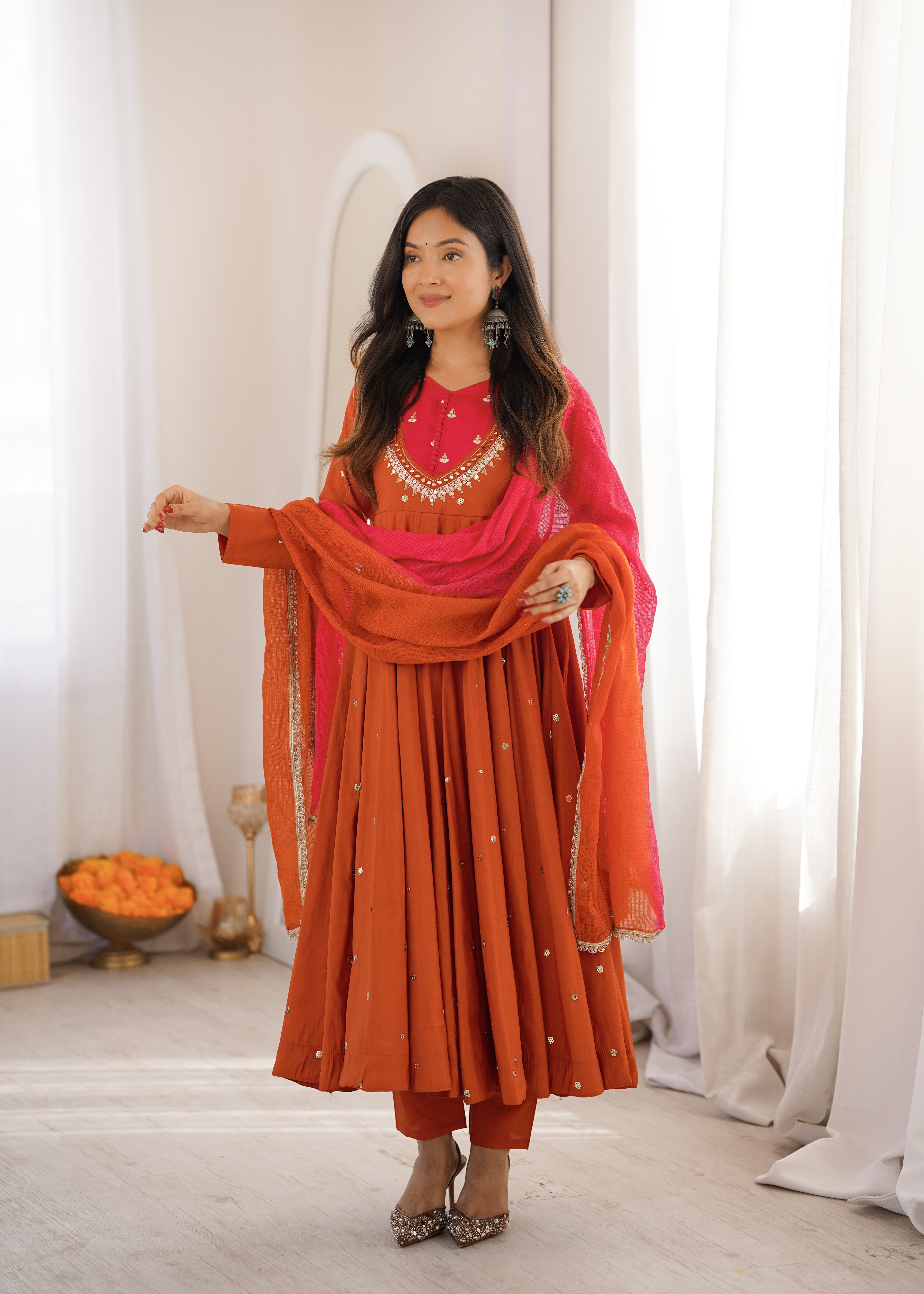 Womenline Rust Orange Color Anarkali Suit Set with Pink Ombre Dupatta