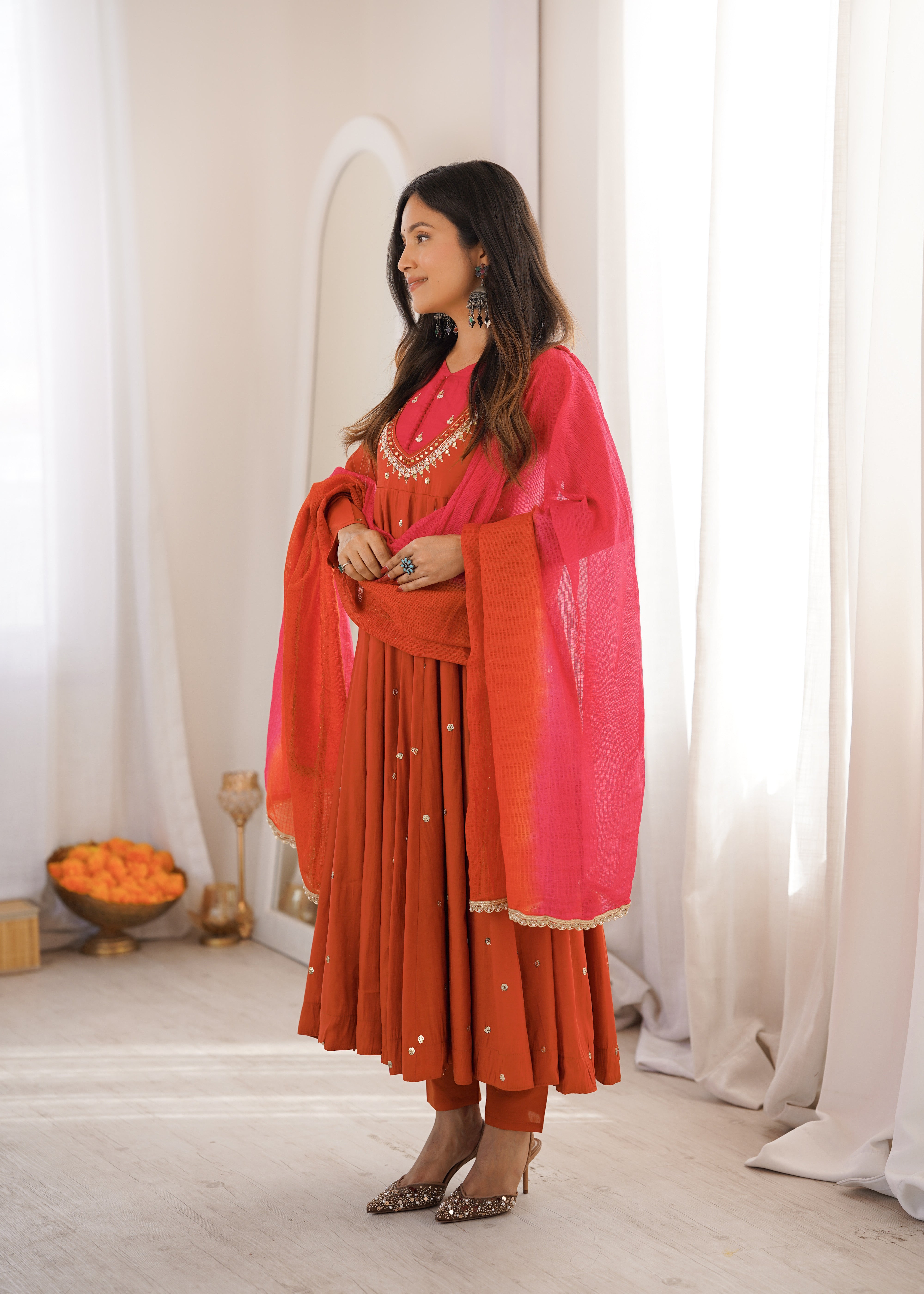 Womenline Rust Orange Color Anarkali Suit Set with Pink Ombre Dupatta