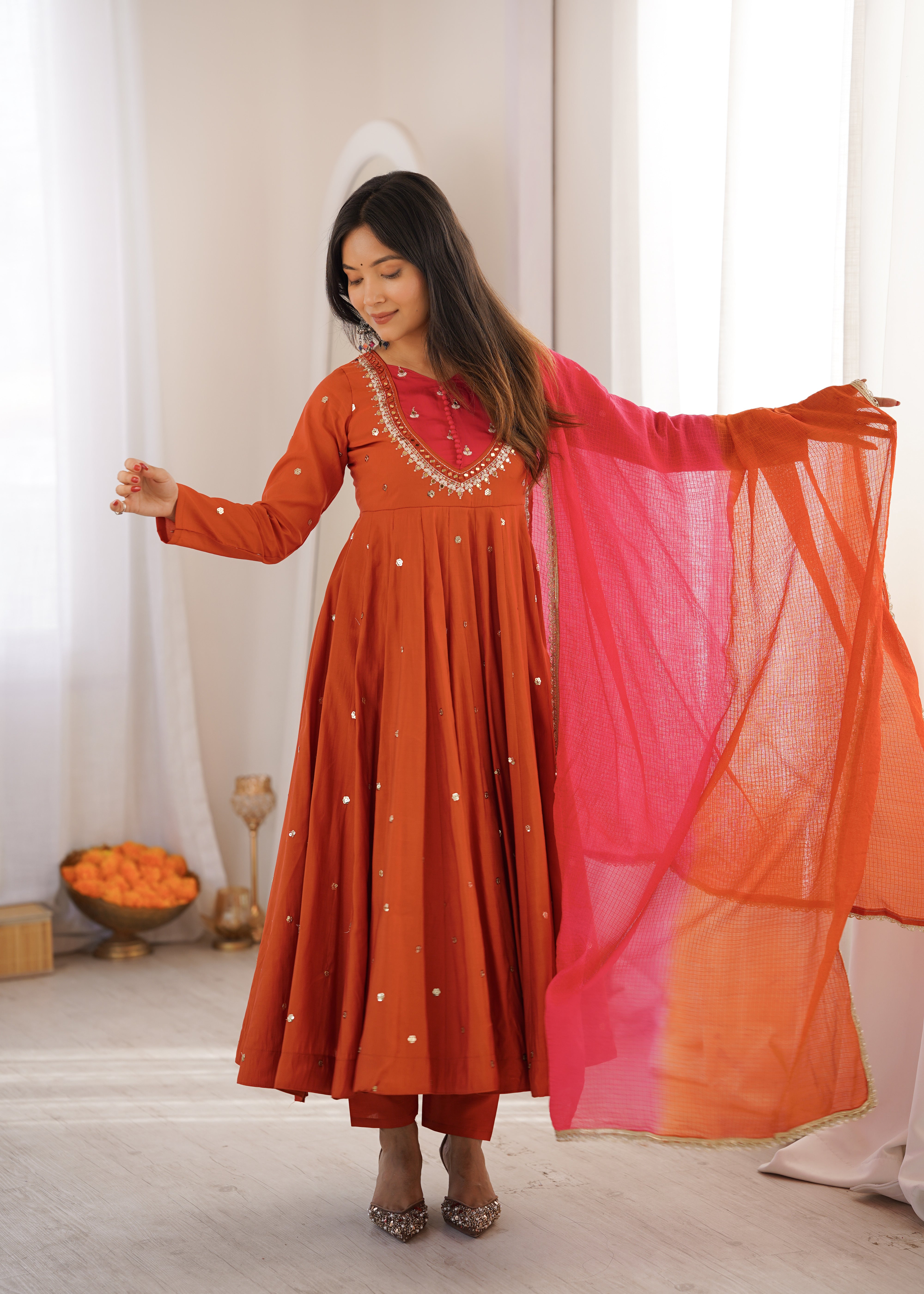 Womenline Rust Orange Color Anarkali Suit Set with Pink Ombre Dupatta