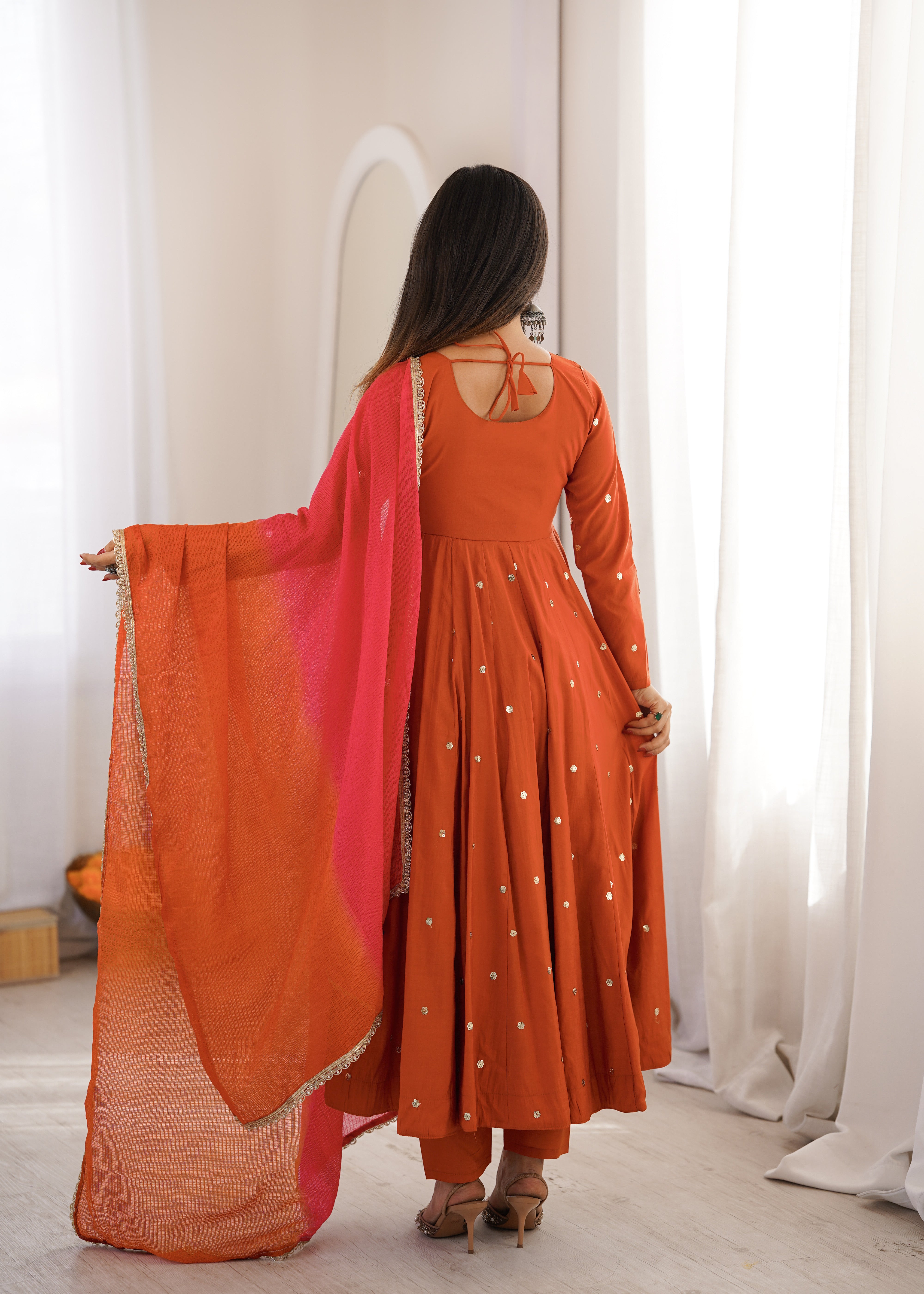 Womenline Rust Orange Color Anarkali Suit Set with Pink Ombre Dupatta