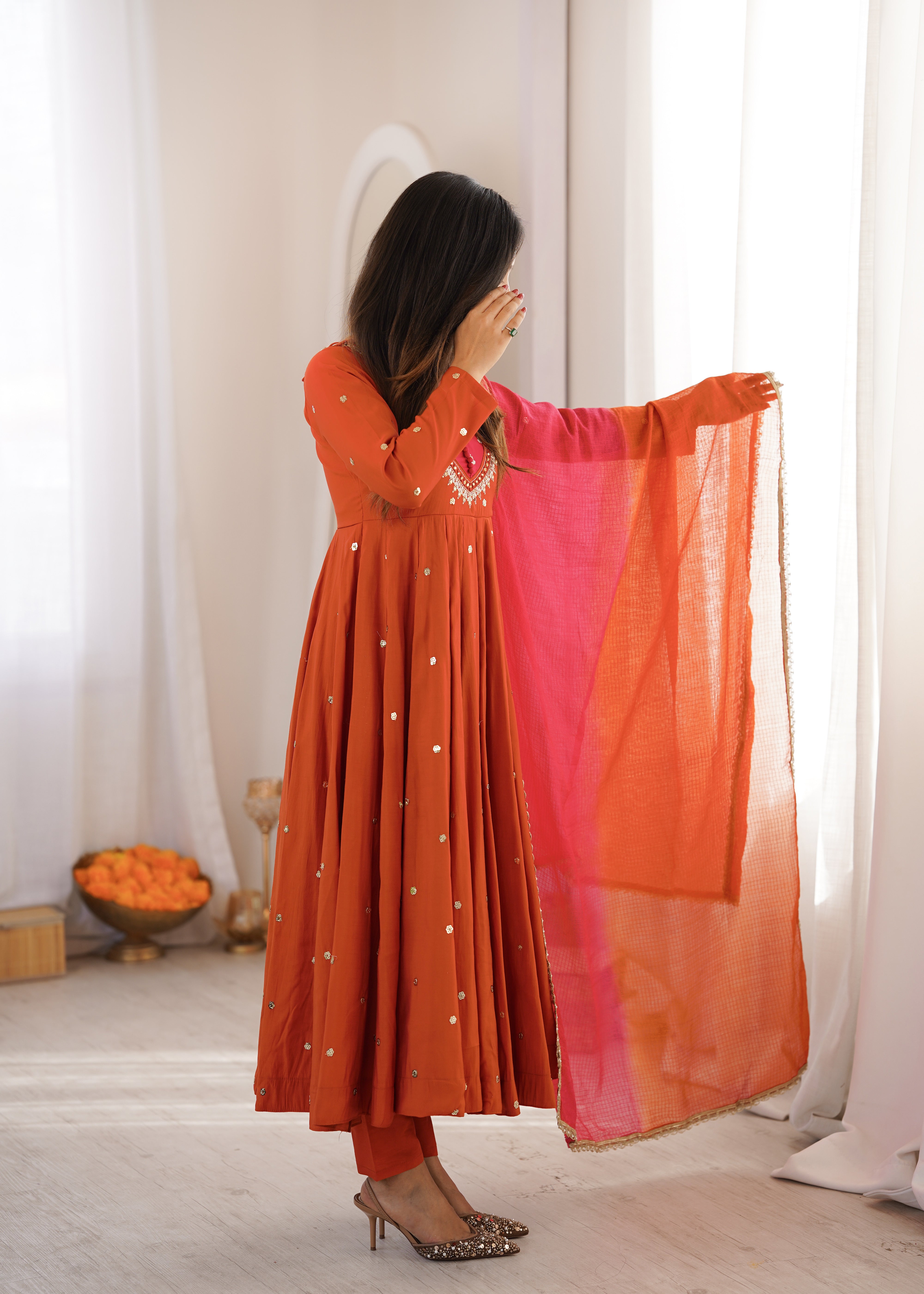 Womenline Rust Orange Color Anarkali Suit Set with Pink Ombre Dupatta