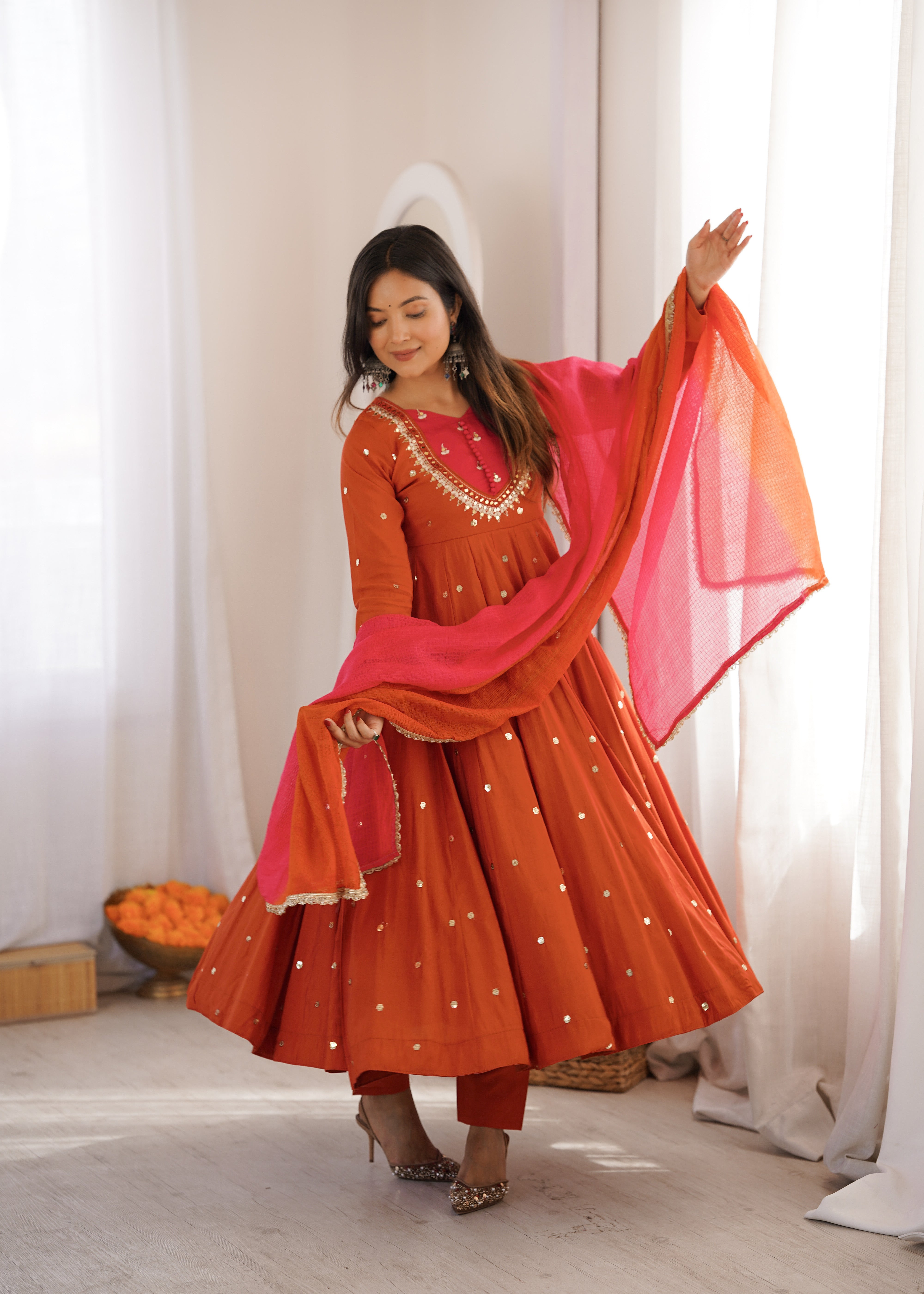 Womenline Rust Orange Color Anarkali Suit Set with Pink Ombre Dupatta