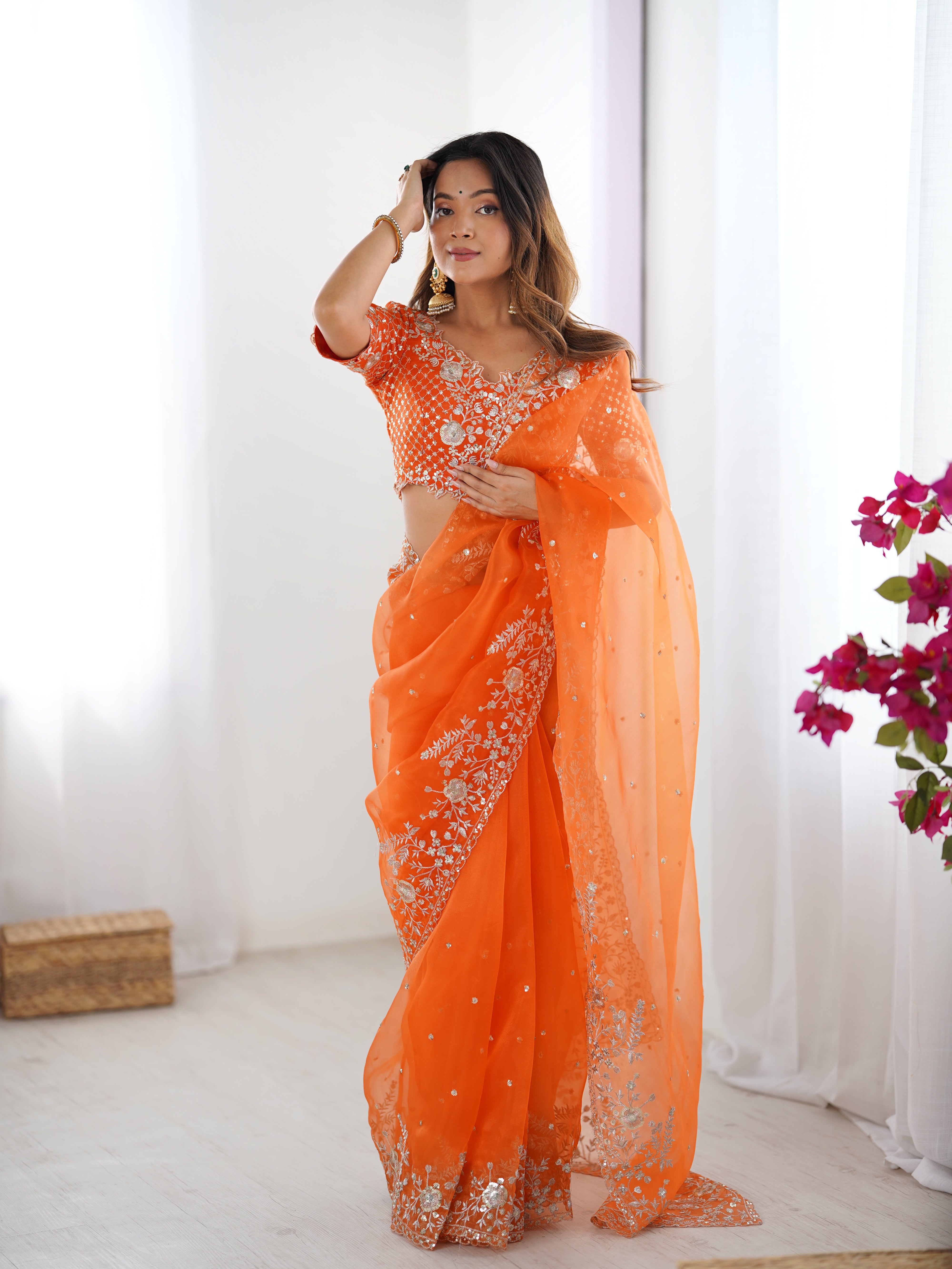 Womenline Elegant Orange Embroidered Saree Set