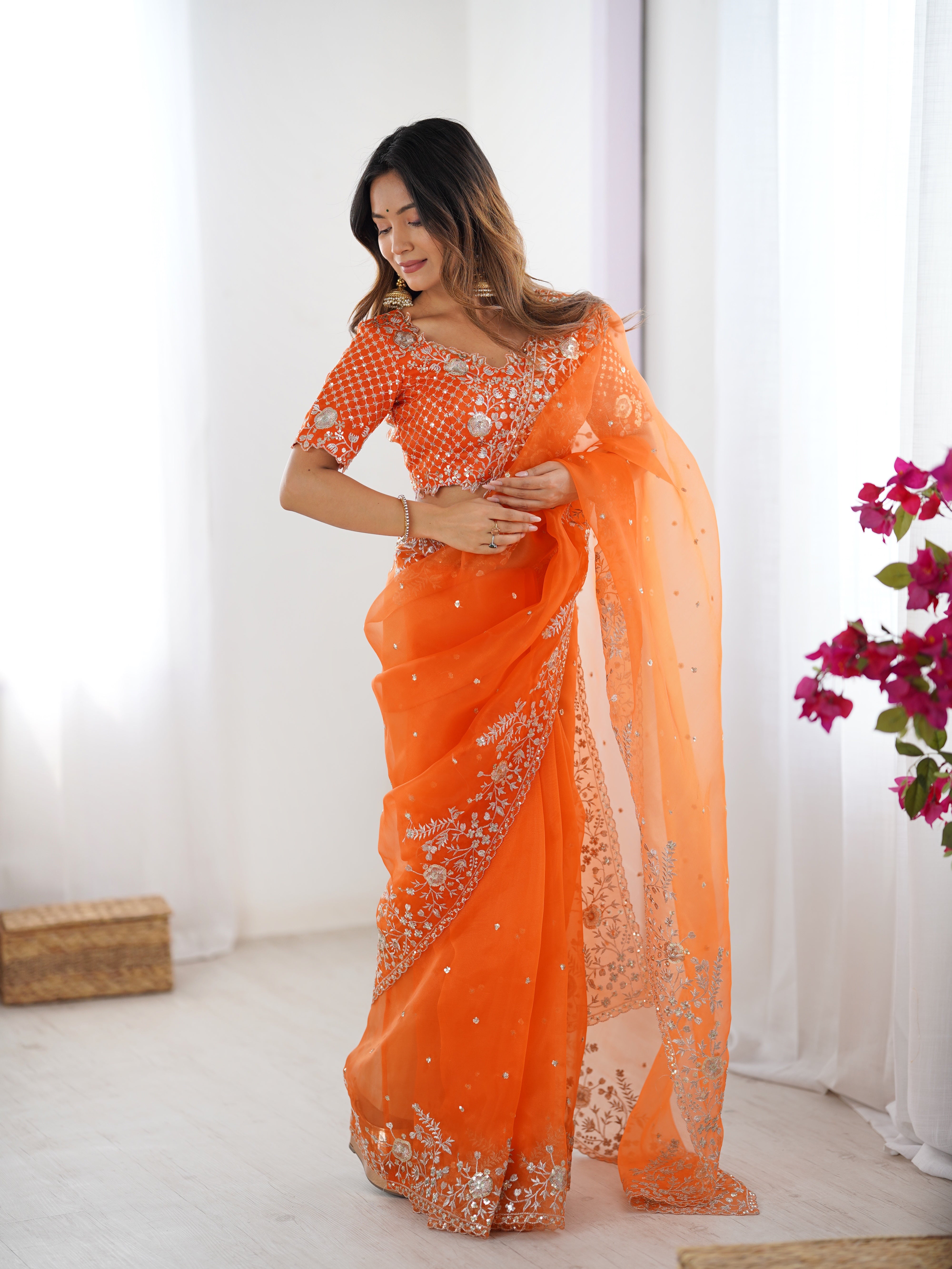 Womenline Elegant Orange Embroidered Saree Set