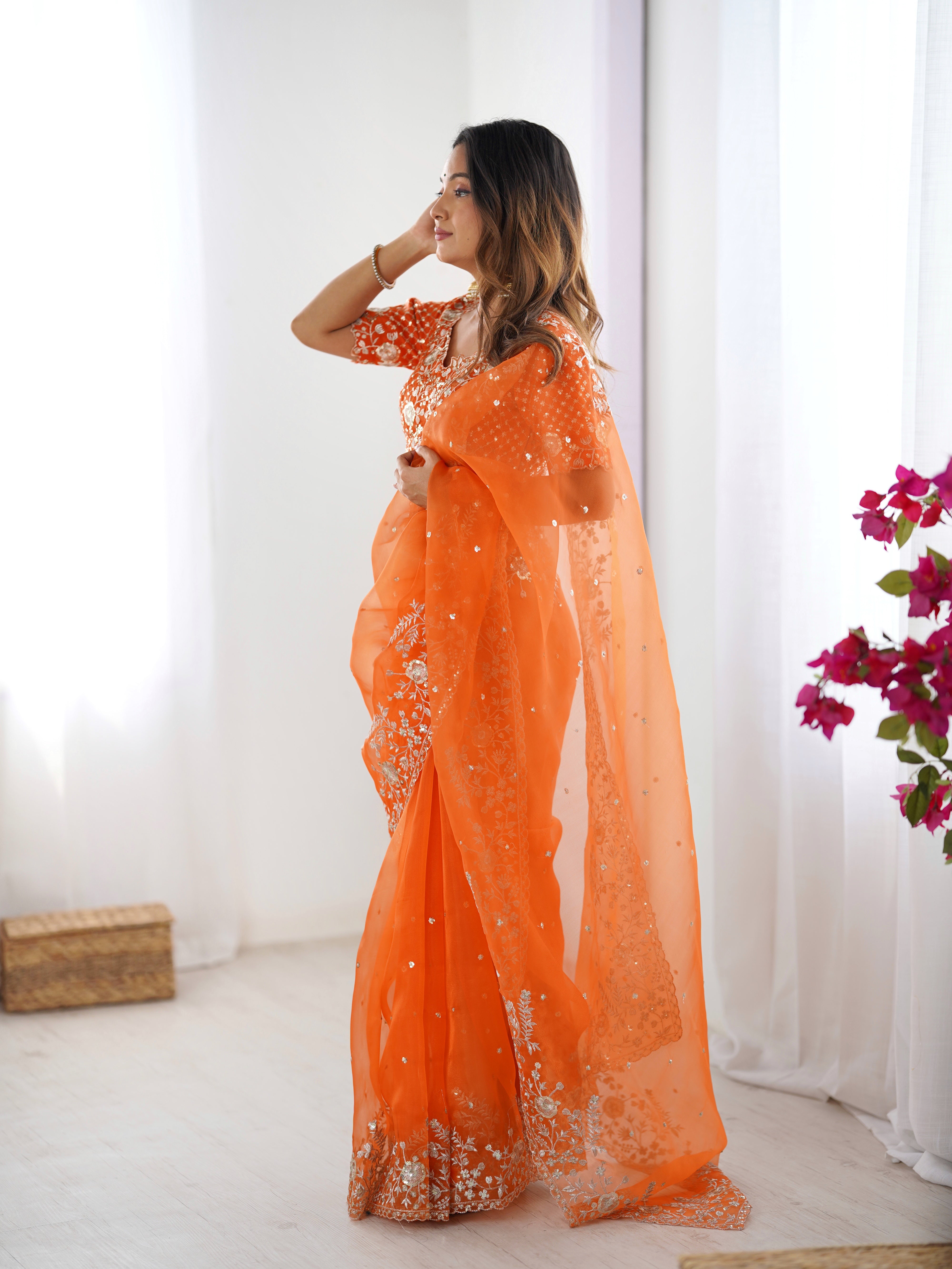 Womenline Elegant Orange Embroidered Saree Set