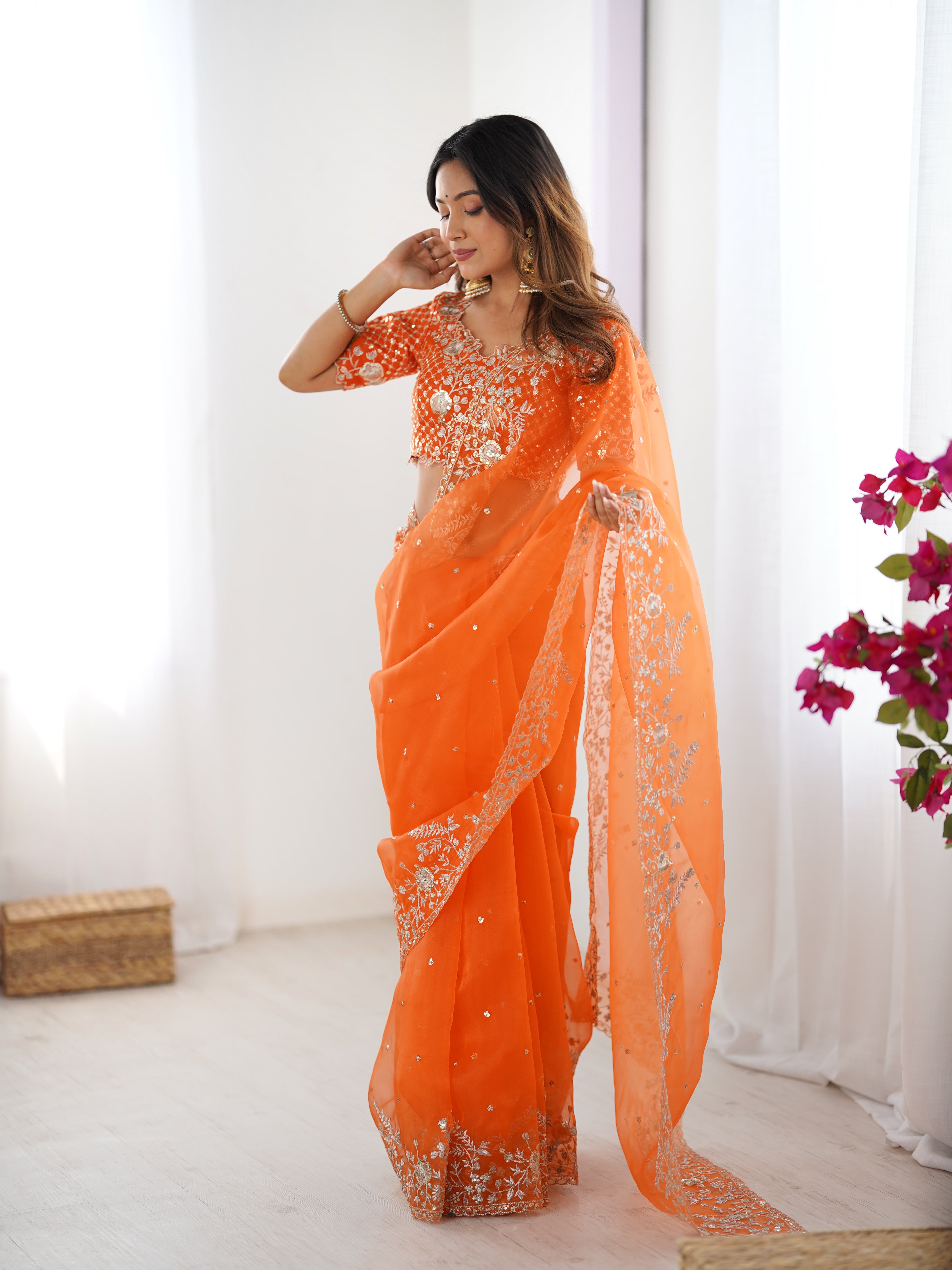 Womenline Elegant Orange Embroidered Saree Set