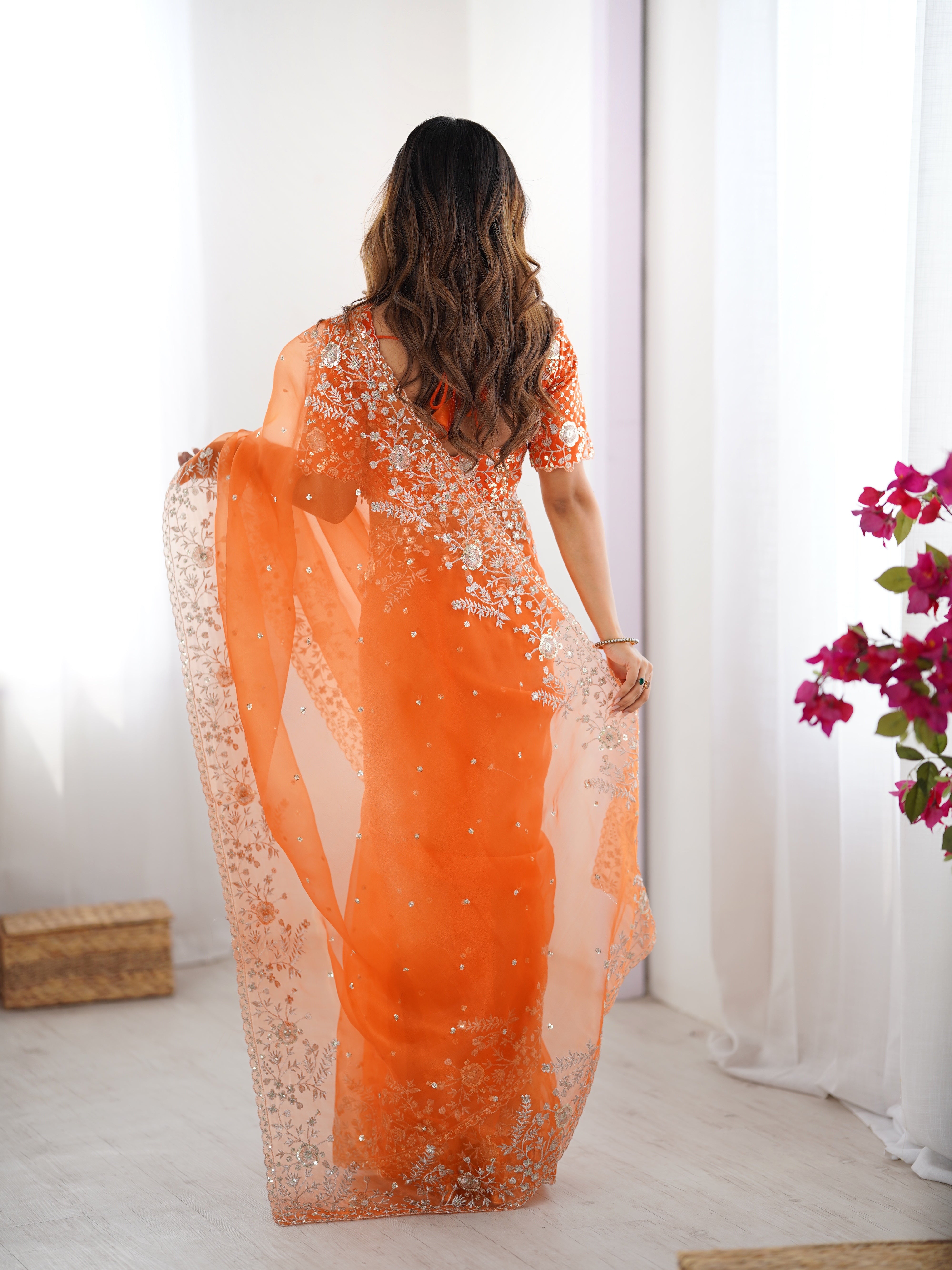 Womenline Elegant Orange Embroidered Saree Set