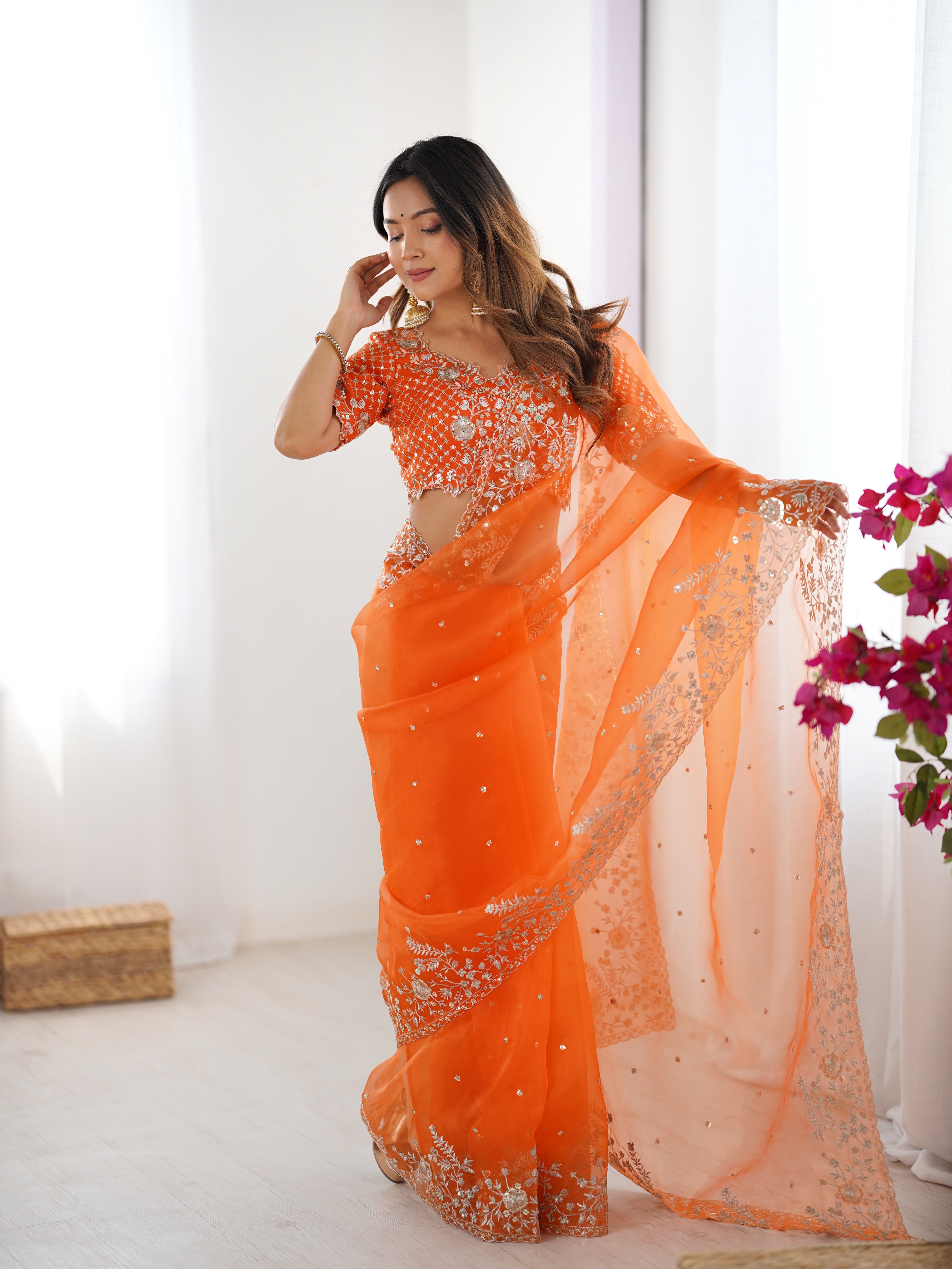 Womenline Elegant Orange Embroidered Saree Set