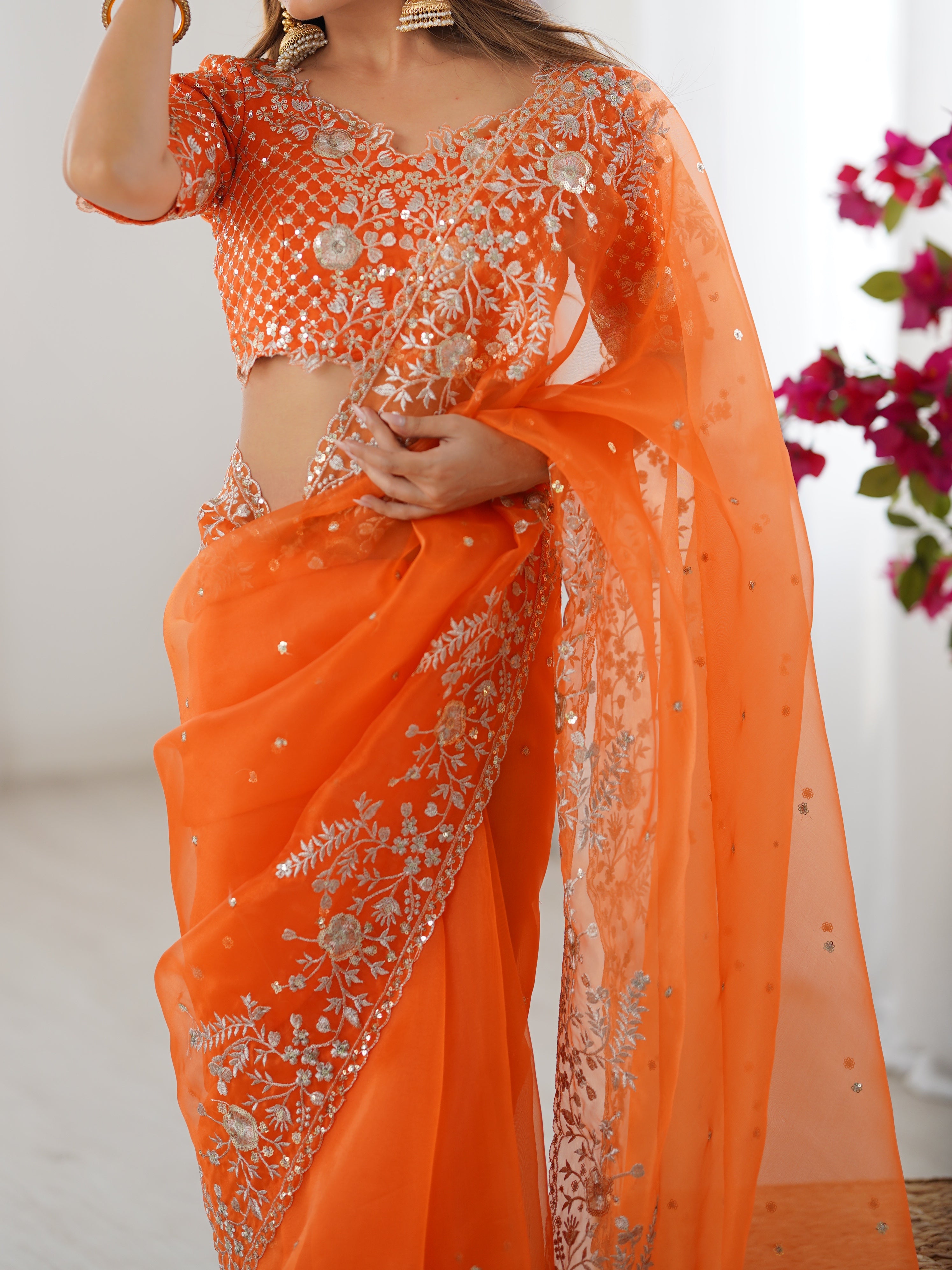 Womenline Elegant Orange Embroidered Saree Set