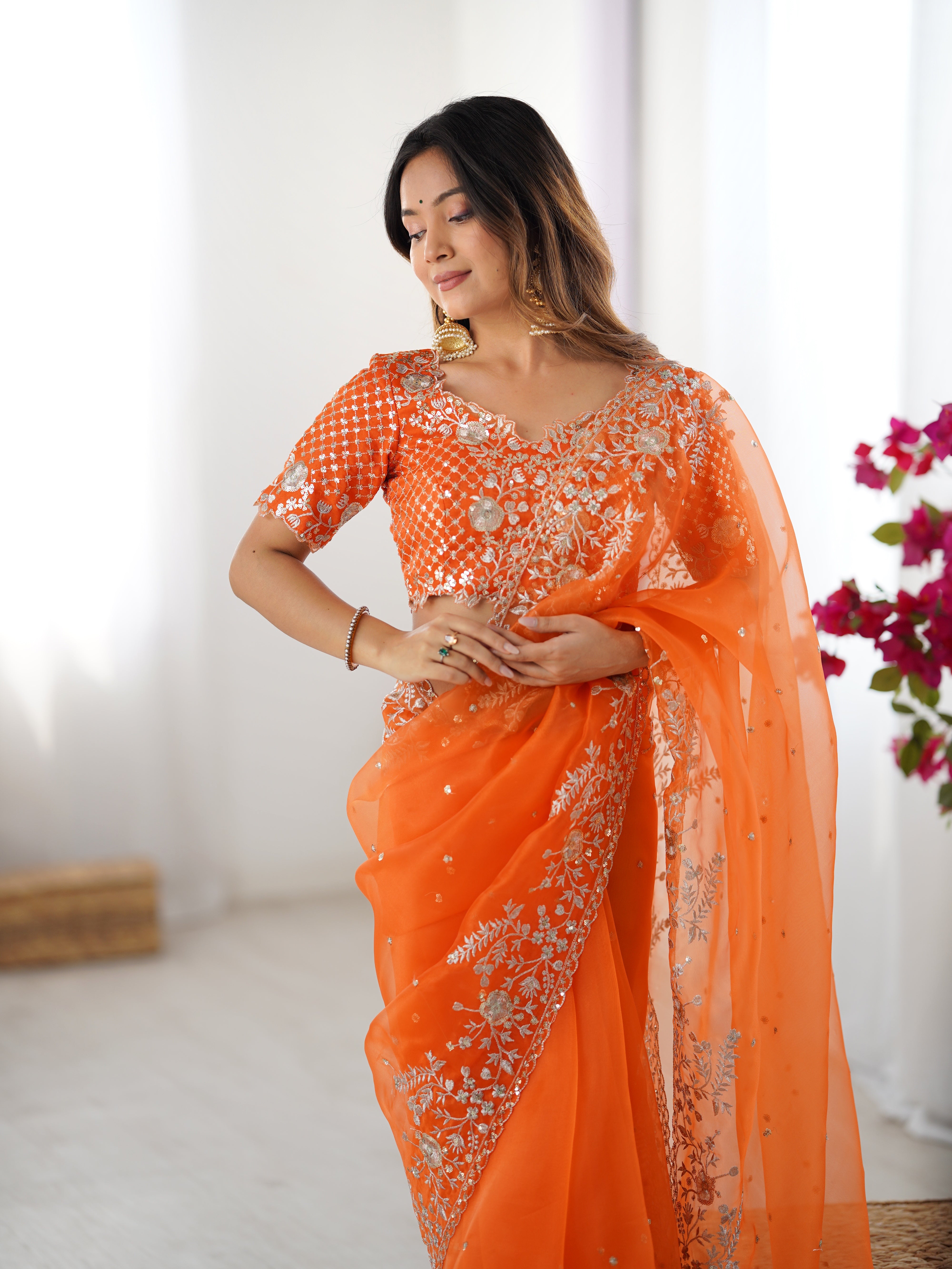 Womenline Elegant Orange Embroidered Saree Set