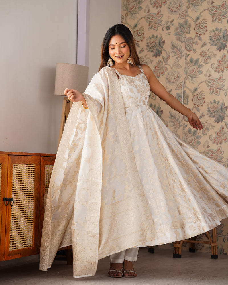 Womenline Off-White Color Banarasi Jacquard Silk Anarkali Suit