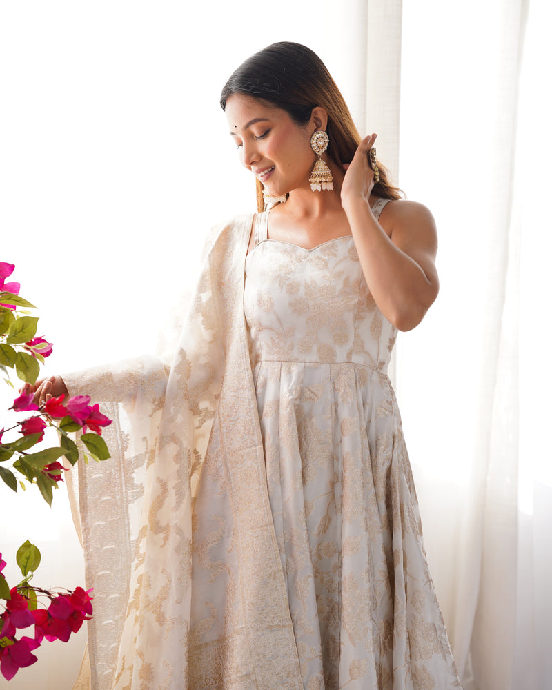 Womenline Off-White Color Banarasi Jacquard Silk Anarkali Suit