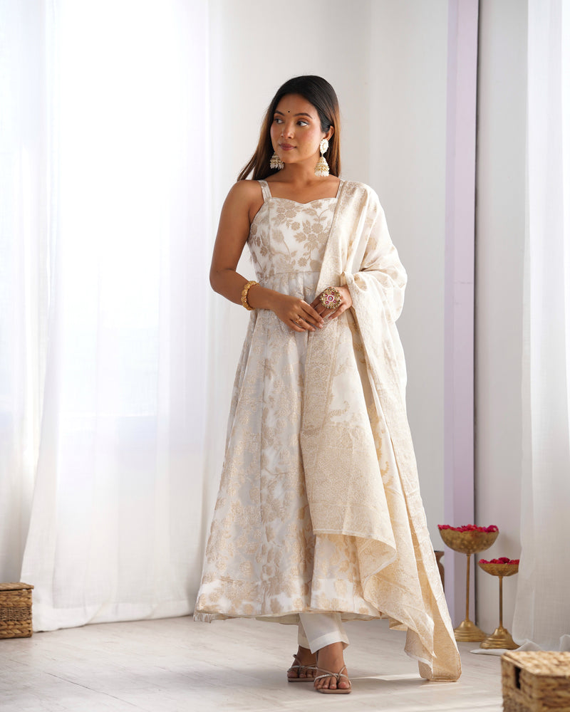 Womenline Off-White Color Banarasi Jacquard Silk Anarkali Suit