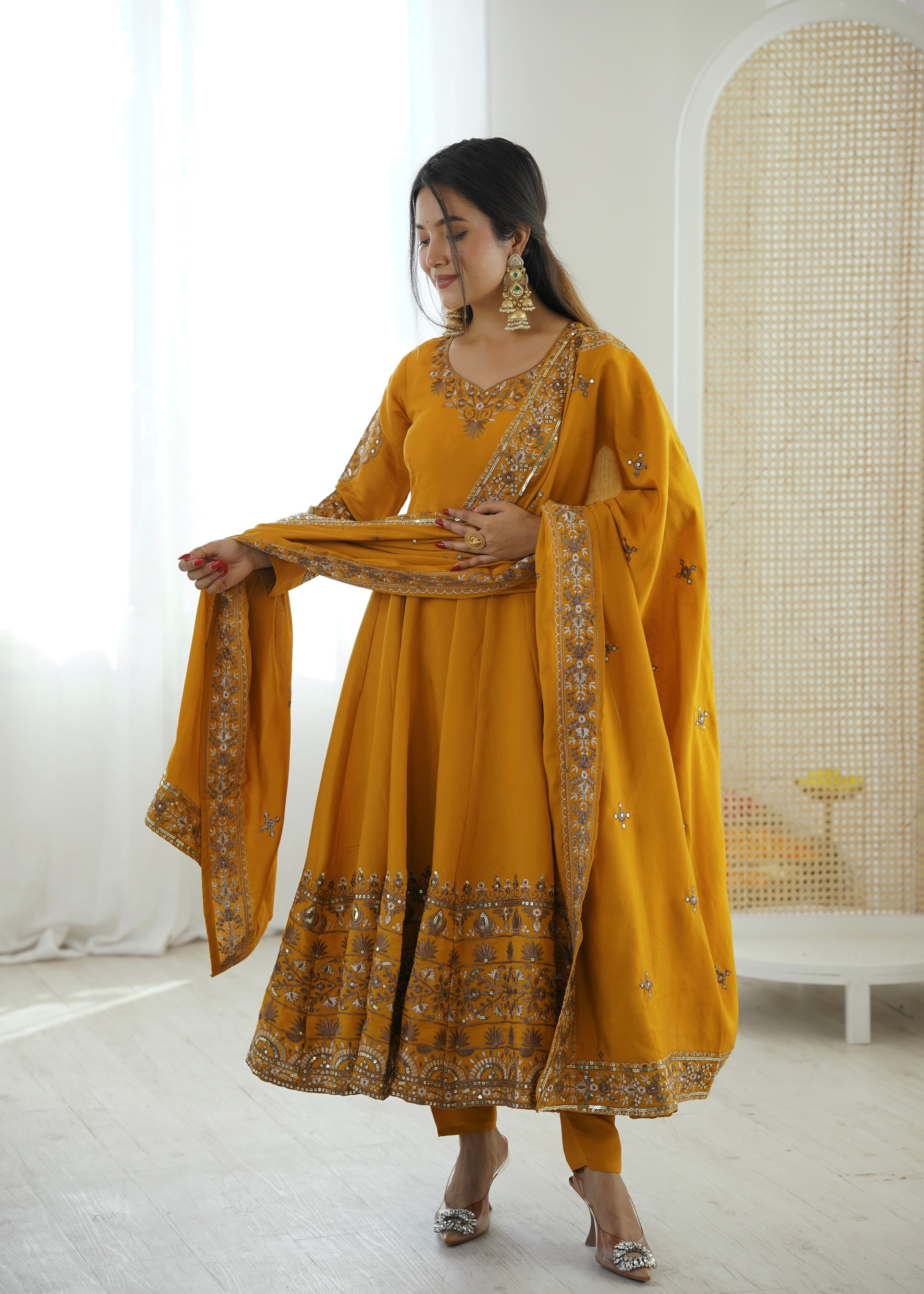 Womenline Royal Mustard Yellow & Gold Embroidered Anarkali Suit Set