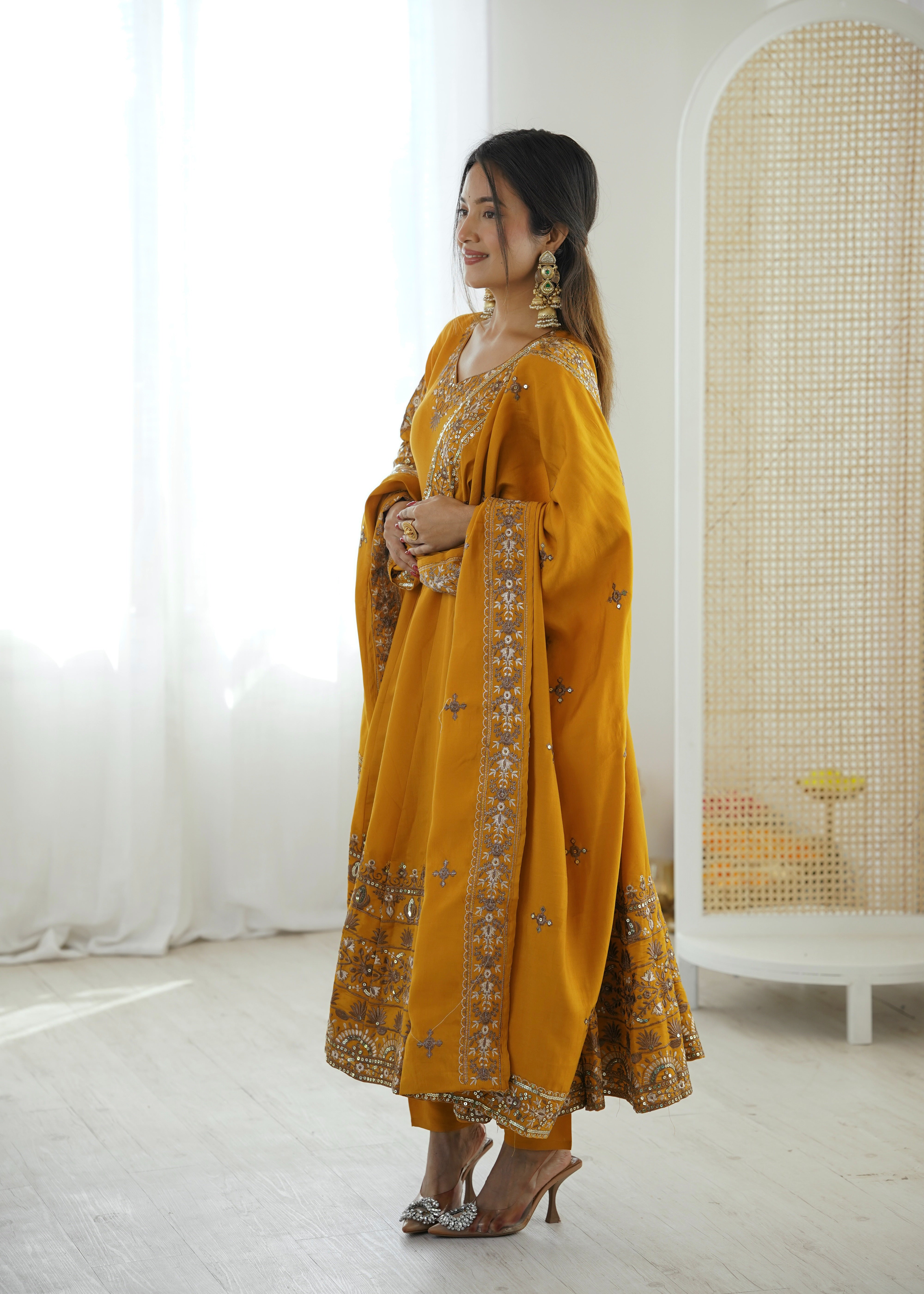 Womenline Royal Mustard Yellow & Gold Embroidered Anarkali Suit Set