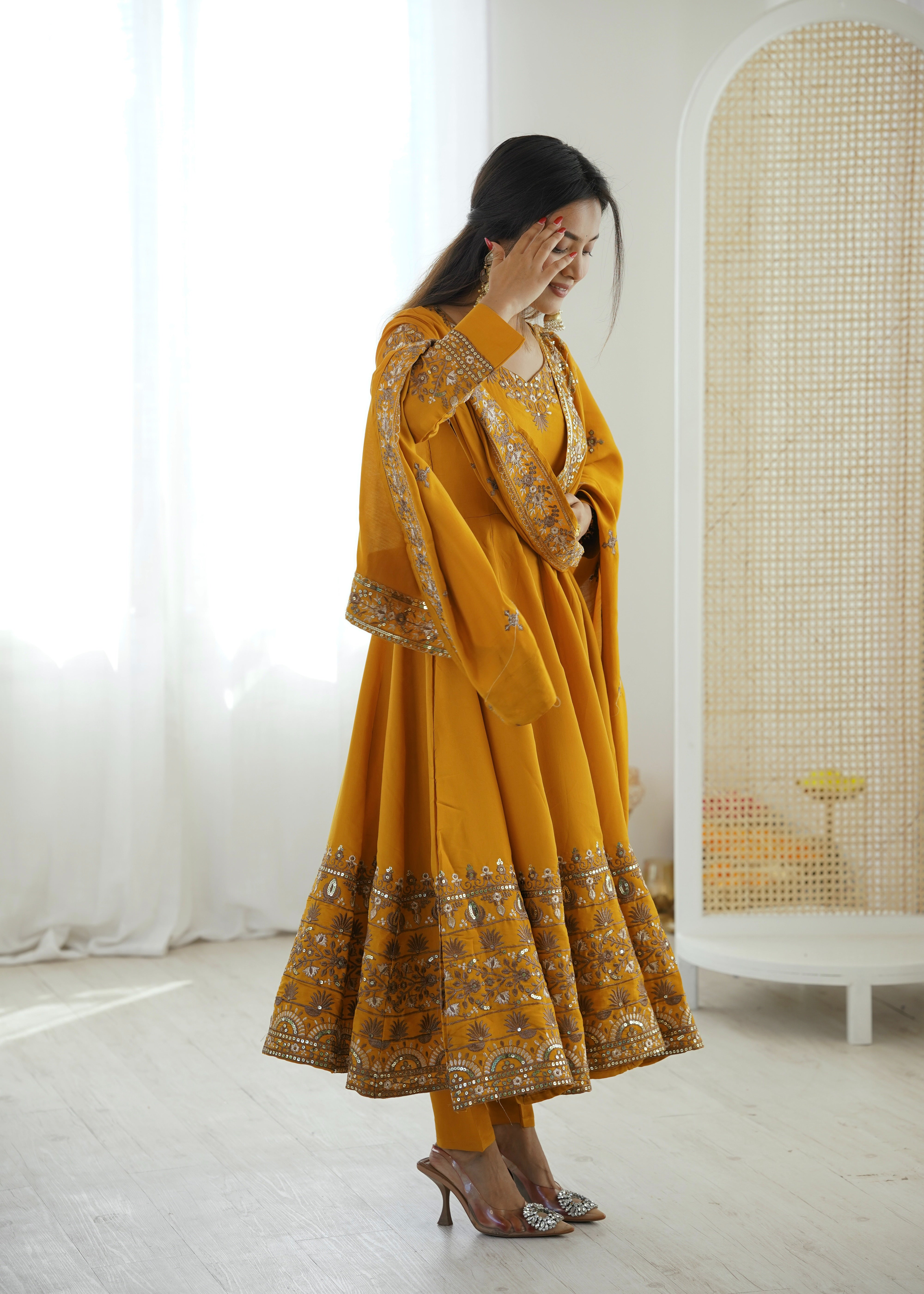 Womenline Royal Mustard Yellow & Gold Embroidered Anarkali Suit Set