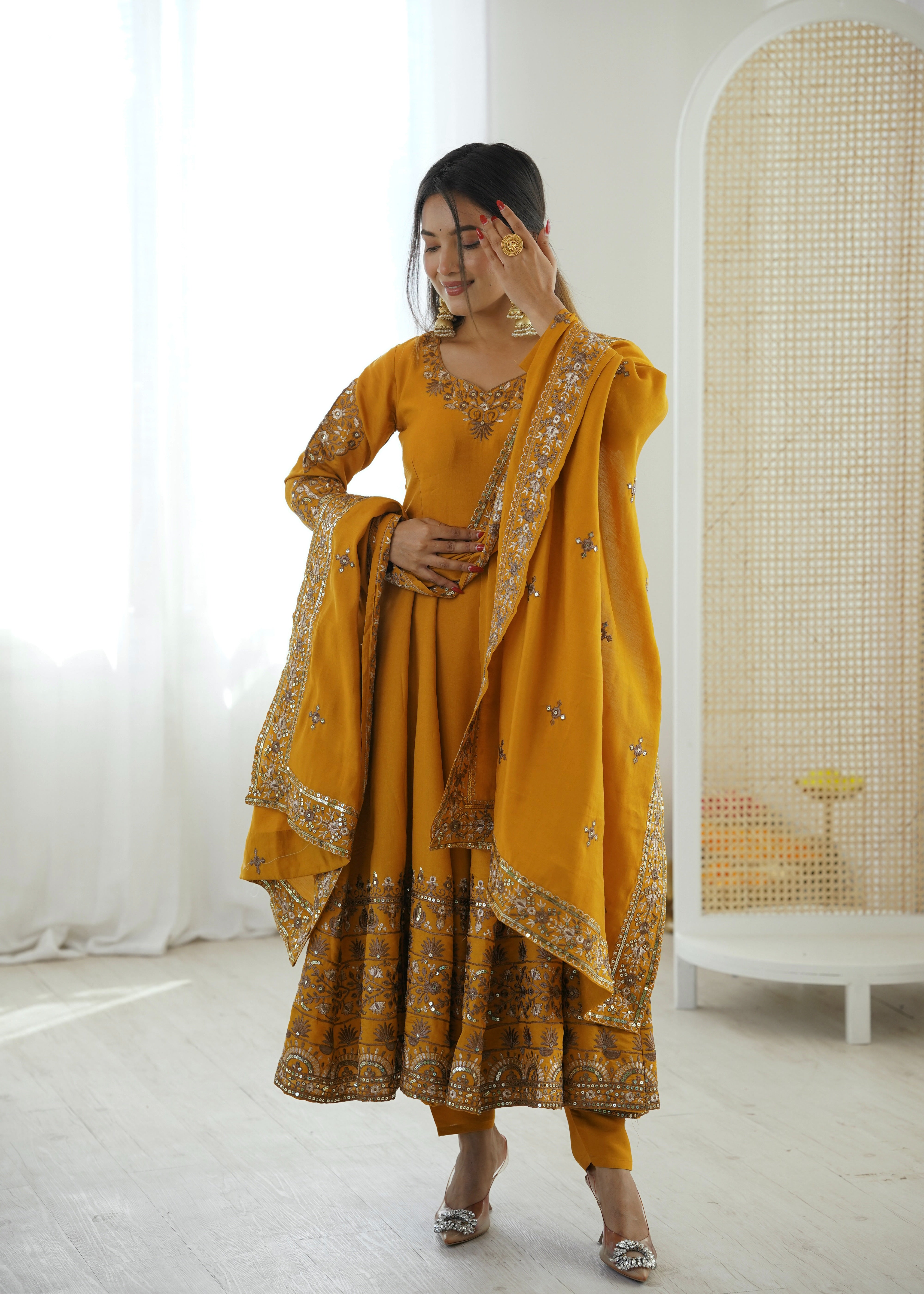 Womenline Royal Mustard Yellow & Gold Embroidered Anarkali Suit Set