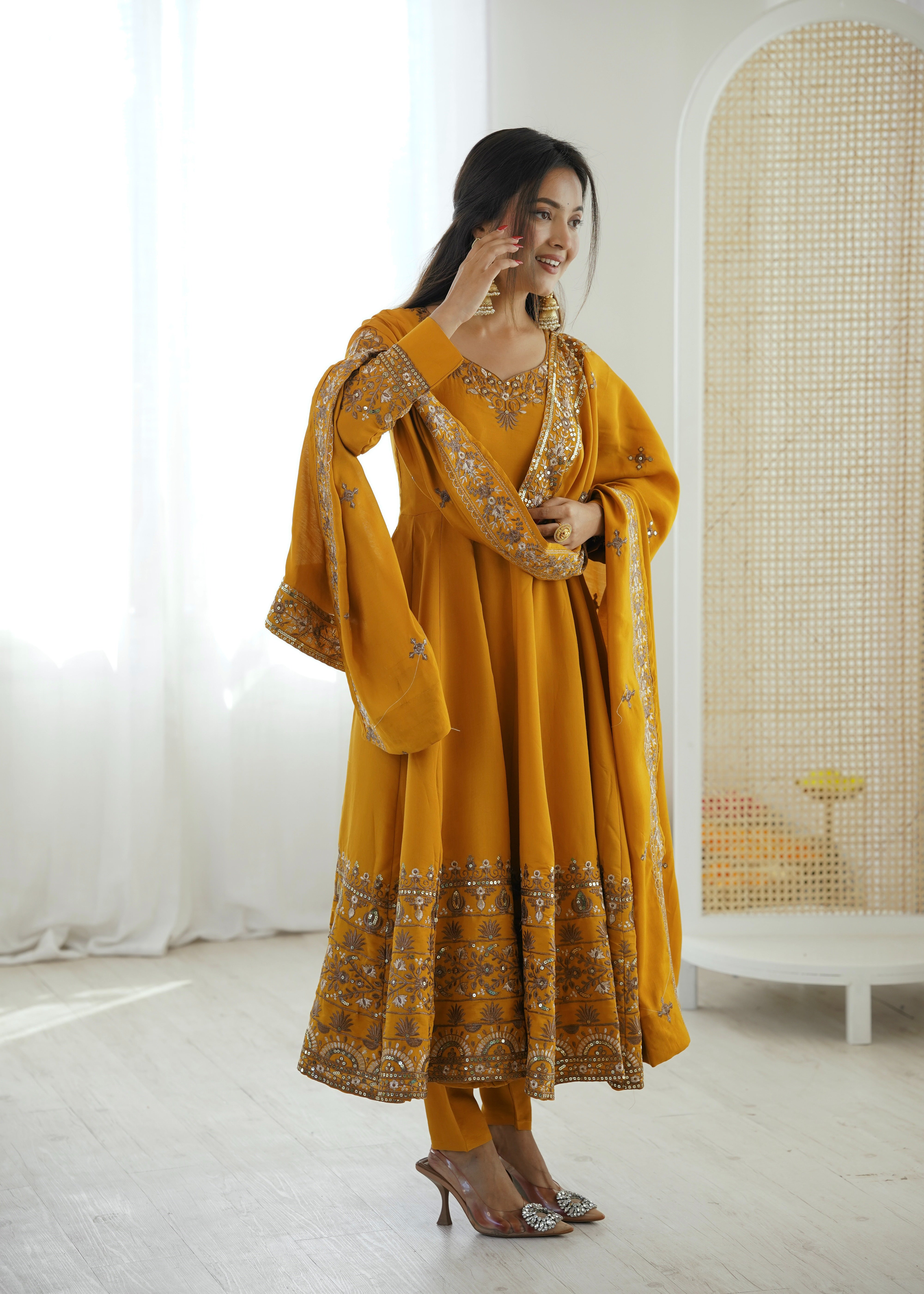 Womenline Royal Mustard Yellow & Gold Embroidered Anarkali Suit Set