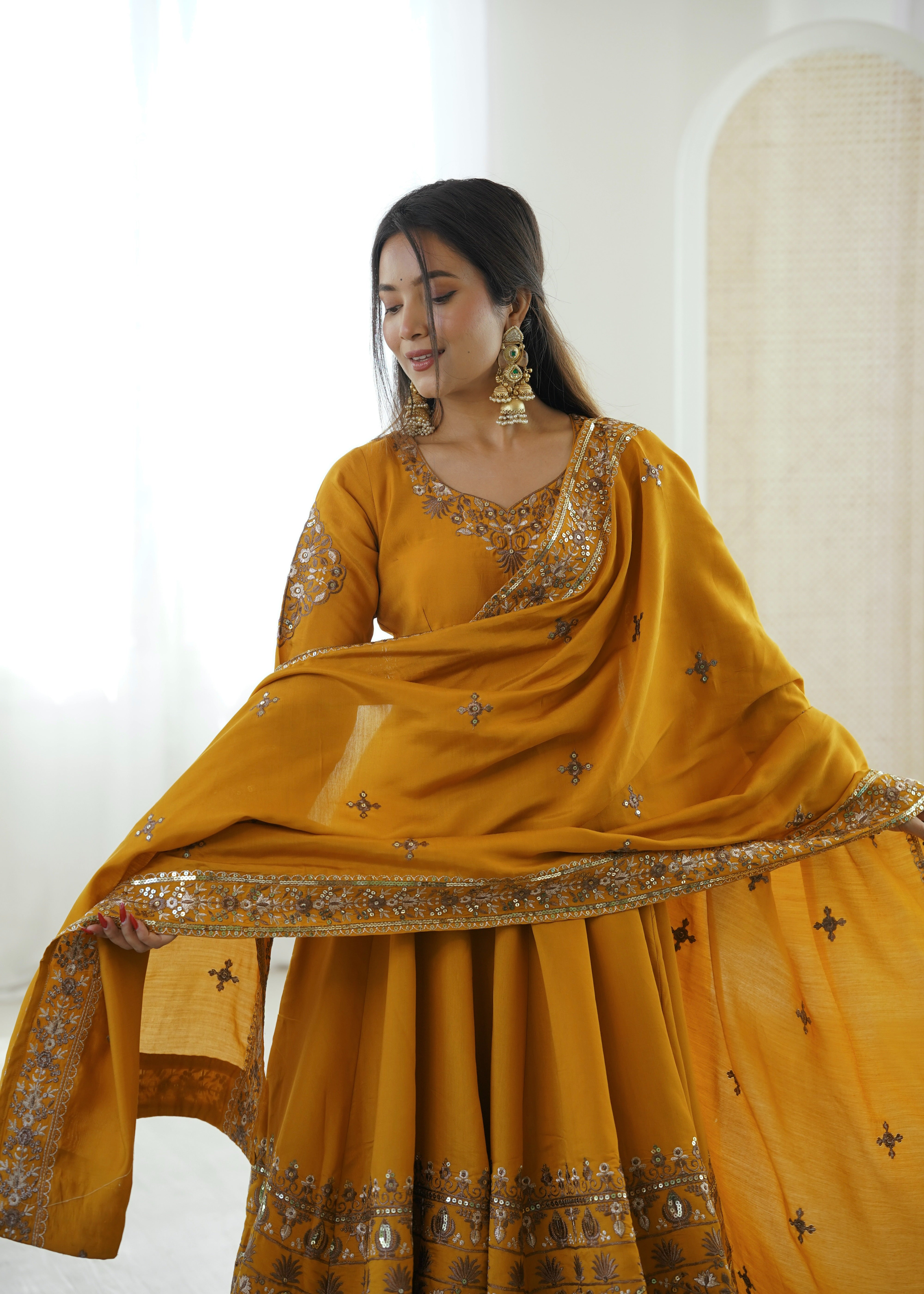 Womenline Royal Mustard Yellow & Gold Embroidered Anarkali Suit Set