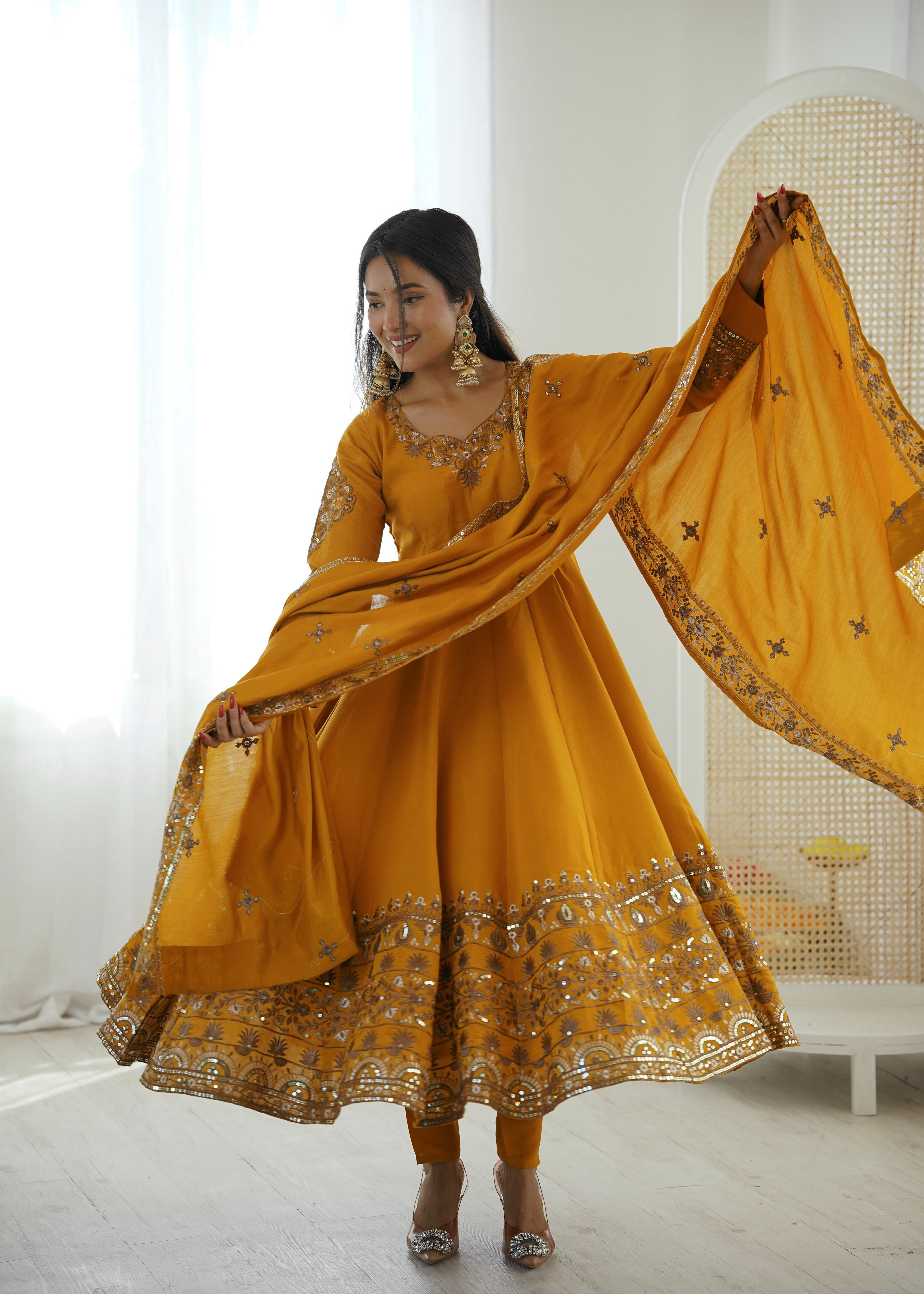 Womenline Royal Mustard Yellow & Gold Embroidered Anarkali Suit Set