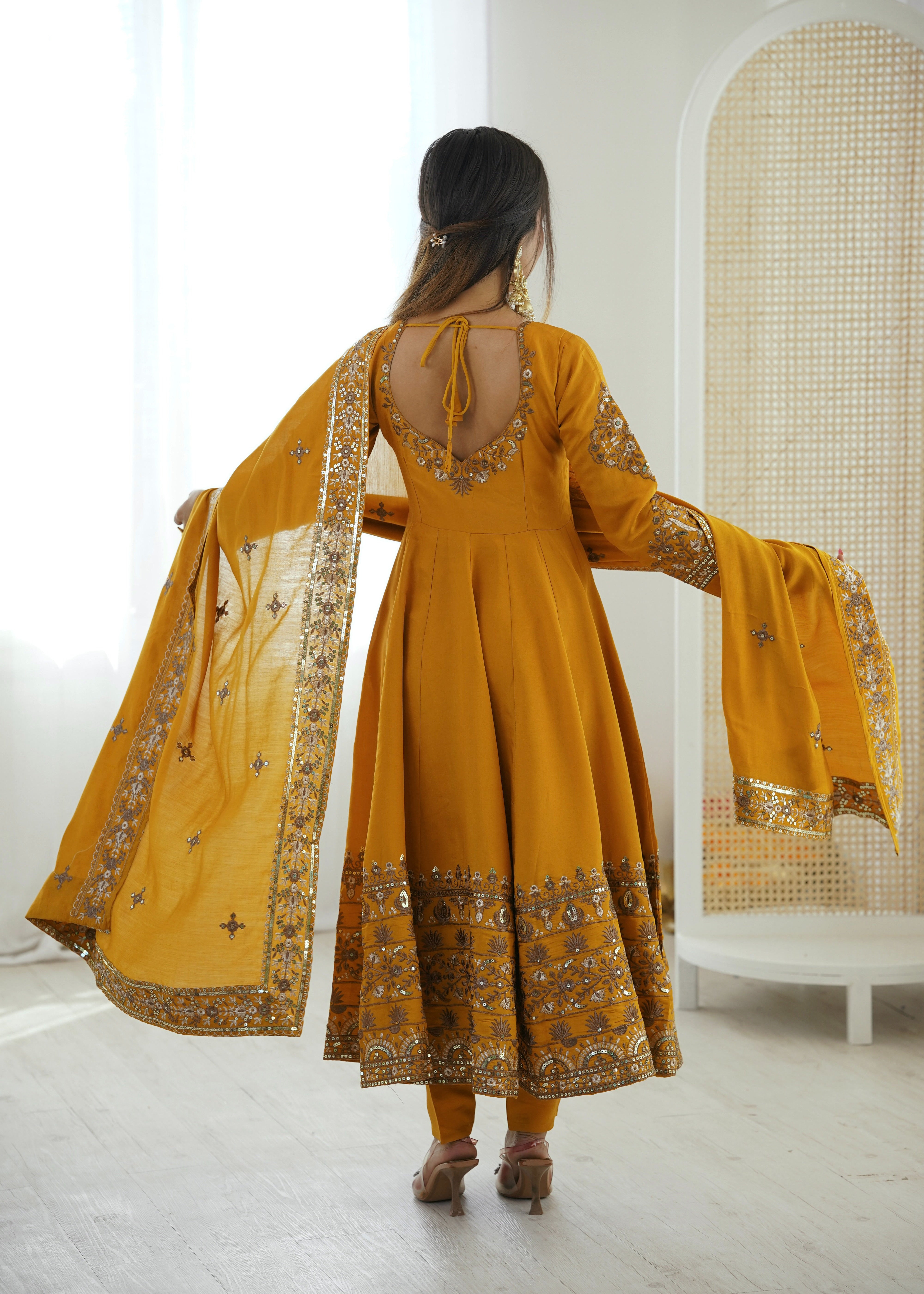 Womenline Royal Mustard Yellow & Gold Embroidered Anarkali Suit Set