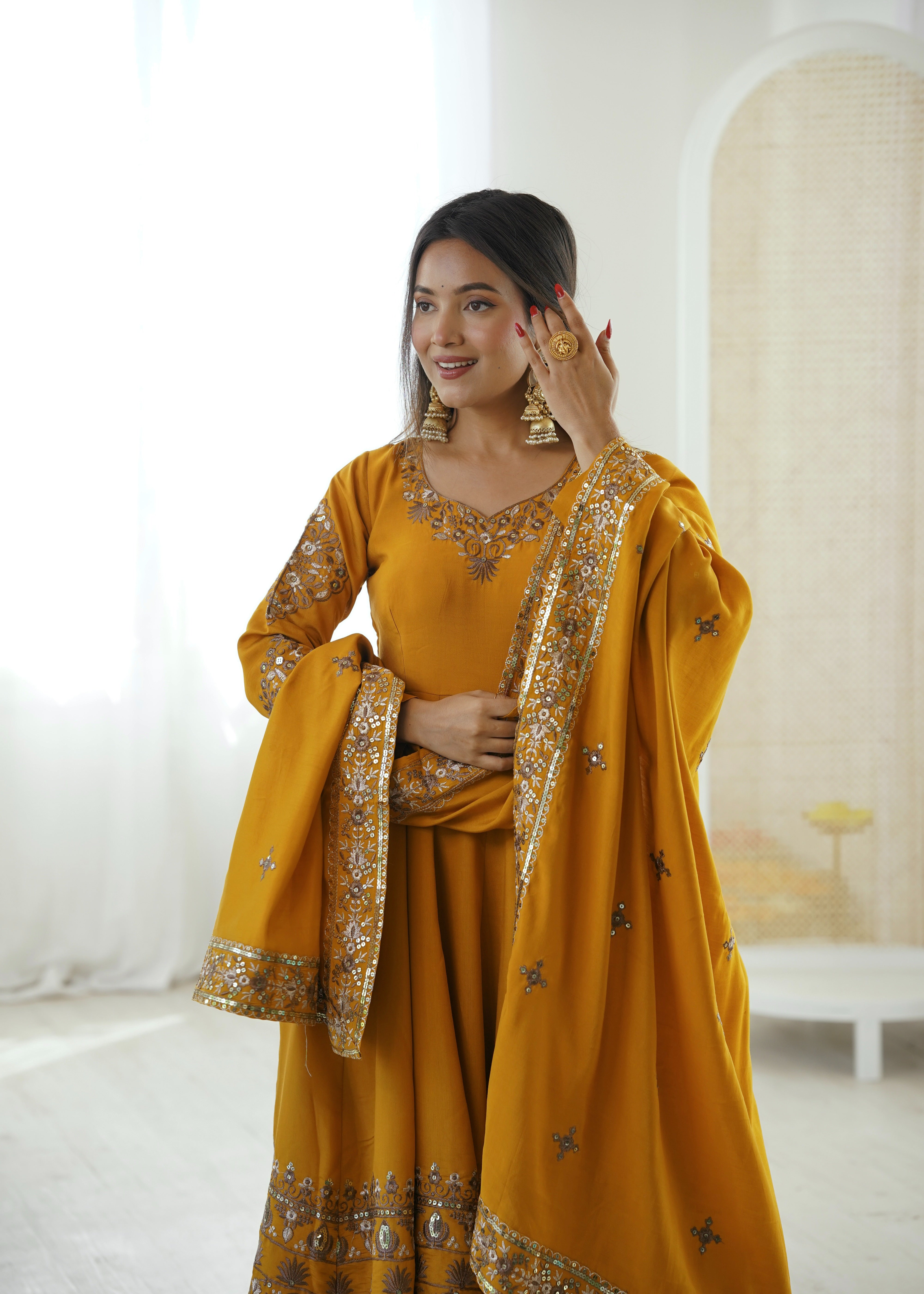Womenline Royal Mustard Yellow & Gold Embroidered Anarkali Suit Set