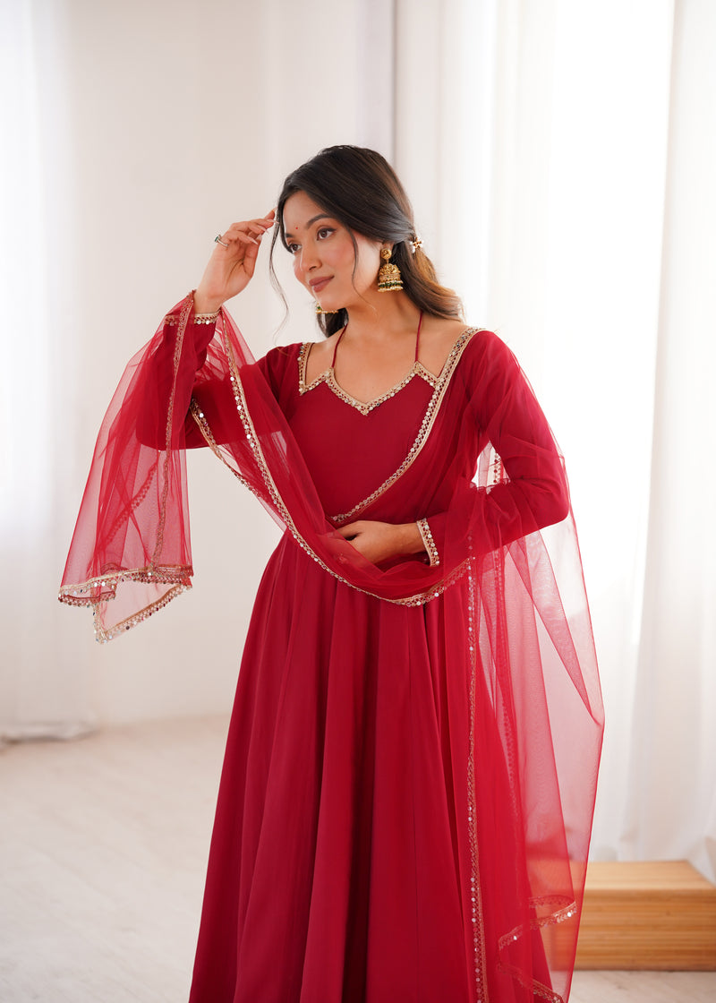 Womenline Maroon Color Chanderi Roman Silk Three Piece Anarkali Suit