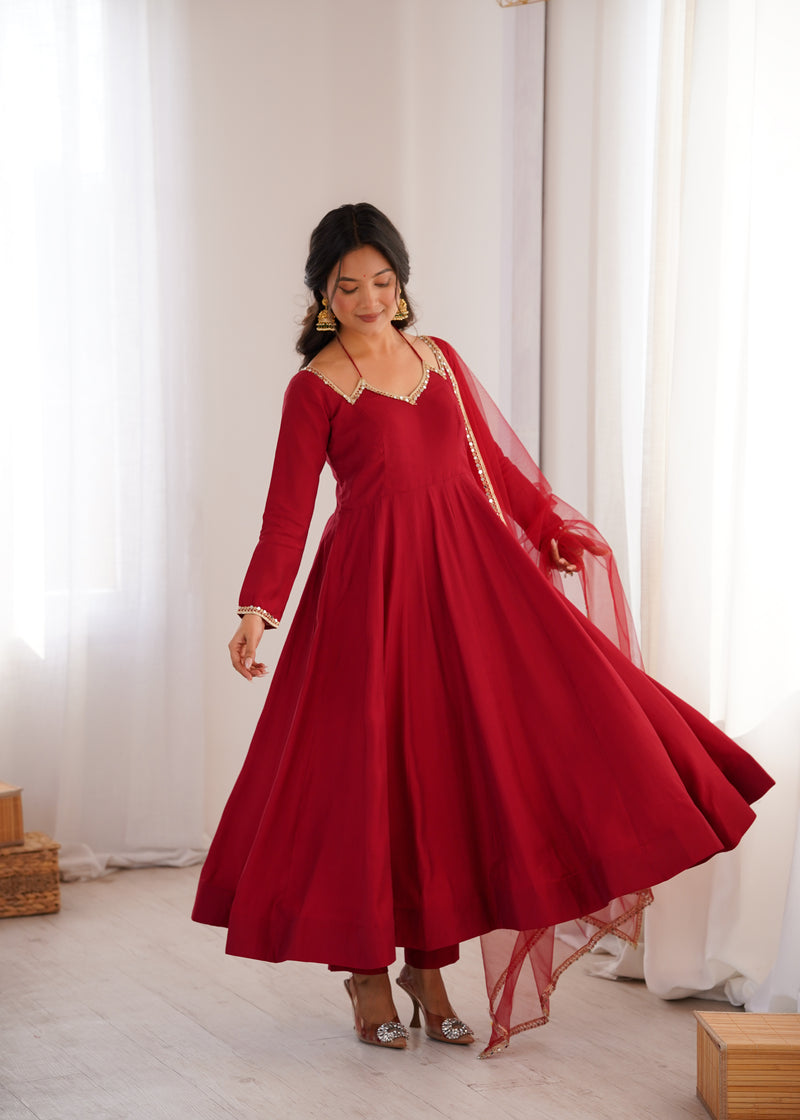 Womenline Maroon Color Chanderi Roman Silk Three Piece Anarkali Suit