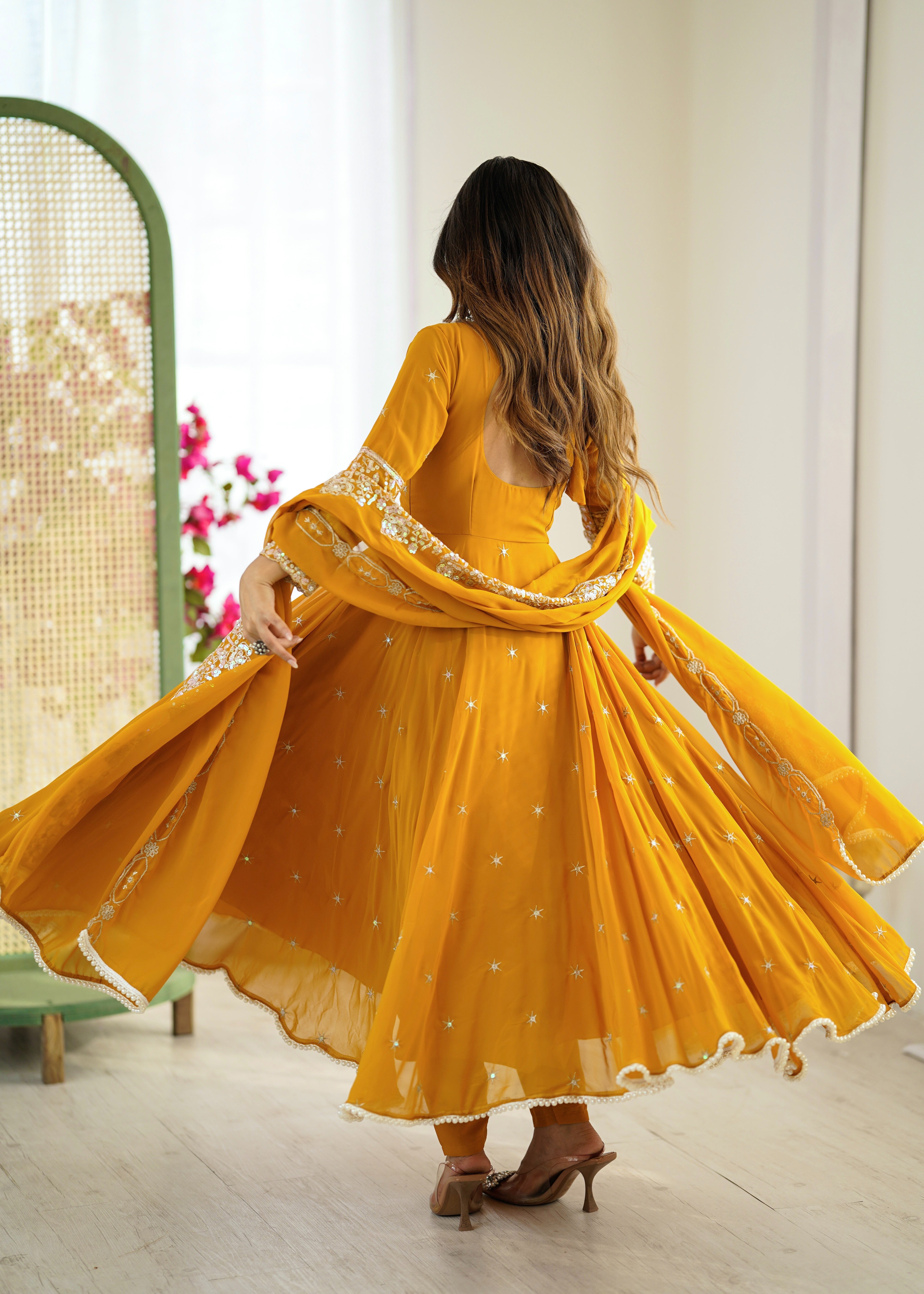 Womenline Mustard Yellow Embroidered Anarkali Suit Set with Sequined Dupatta