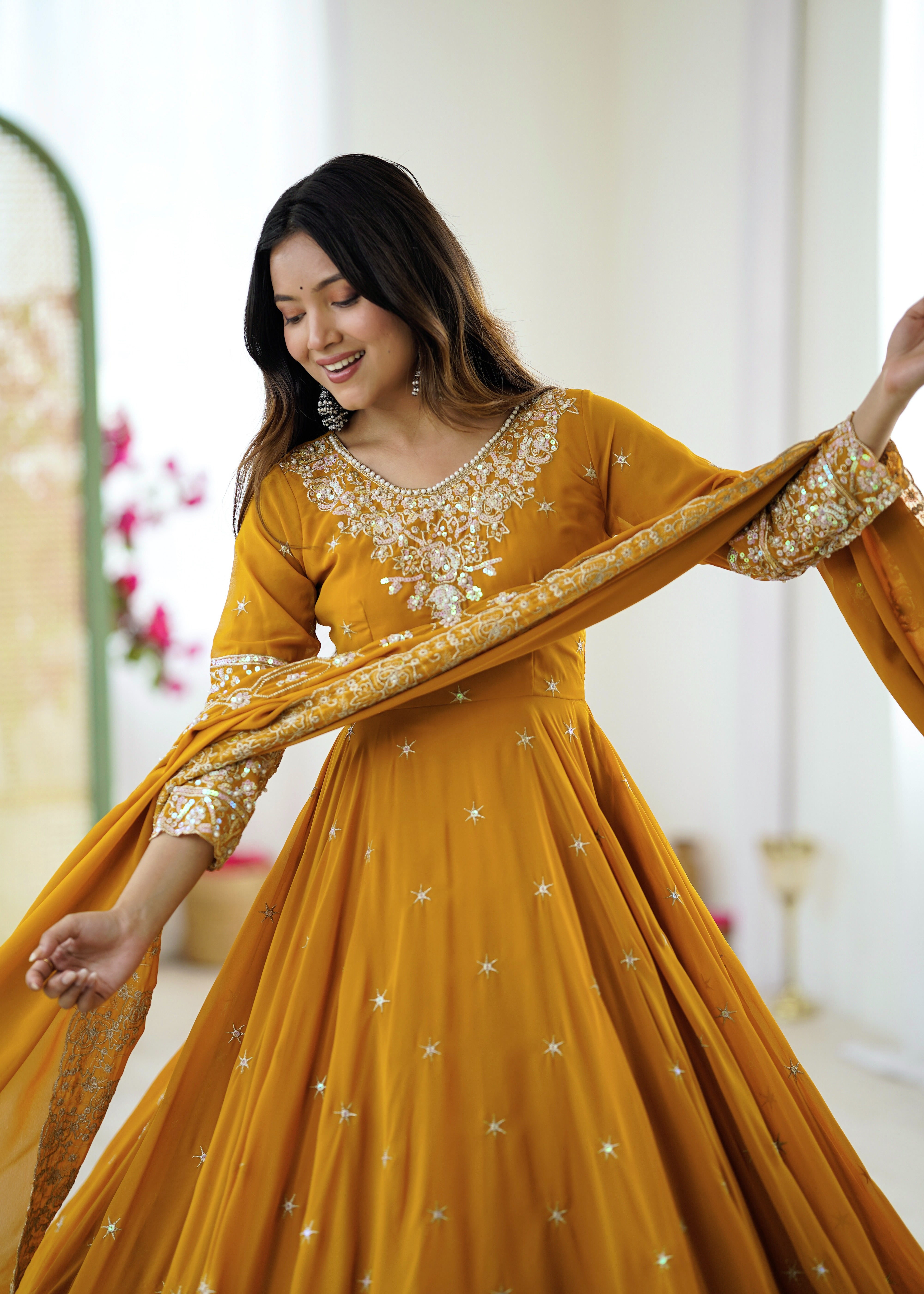 Womenline Mustard Yellow Embroidered Anarkali Suit Set with Sequined Dupatta