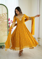 Womenline Mustard Yellow Embroidered Anarkali Suit Set with Sequined Dupatta