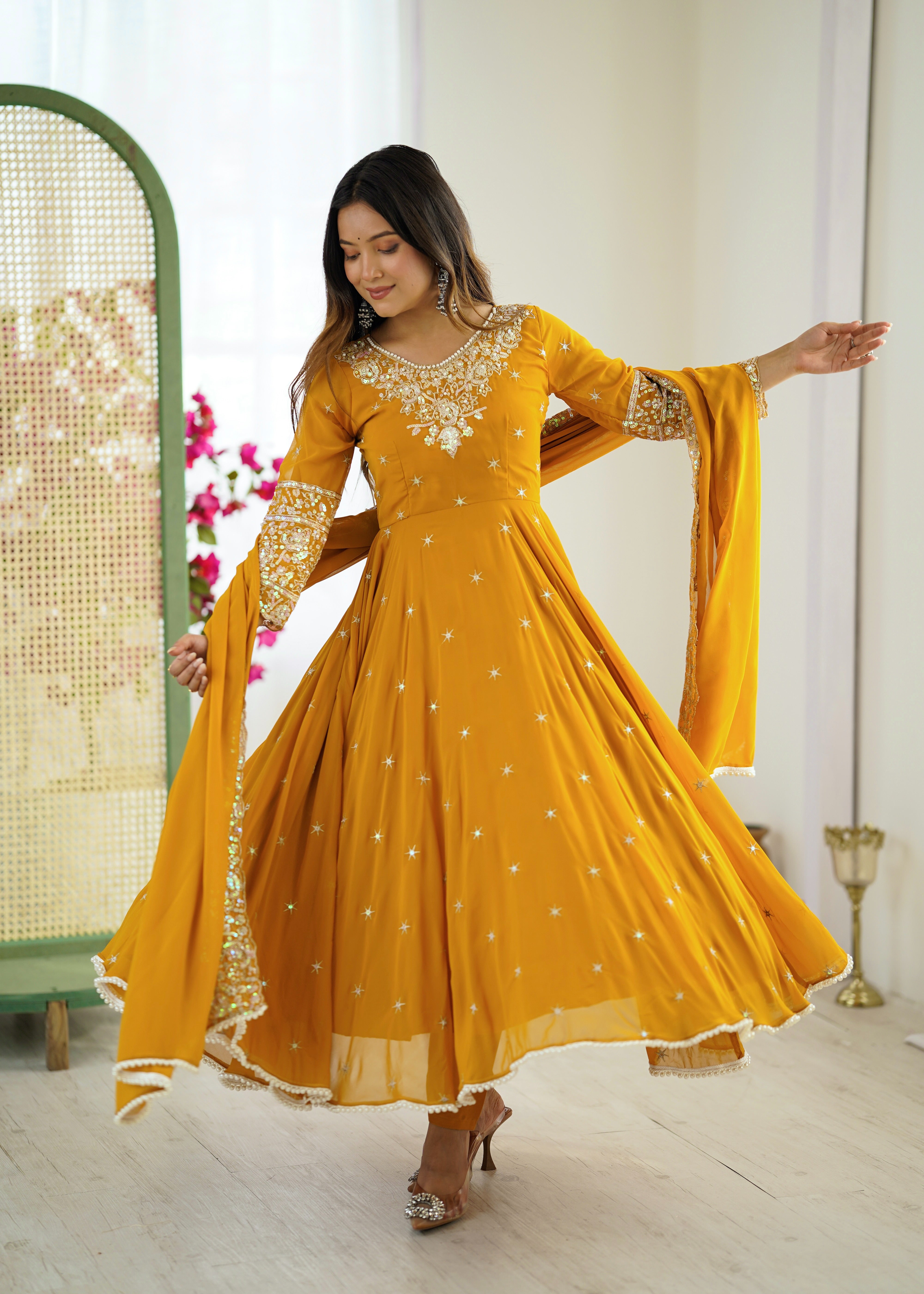 Womenline Mustard Yellow Embroidered Anarkali Suit Set with Sequined Dupatta