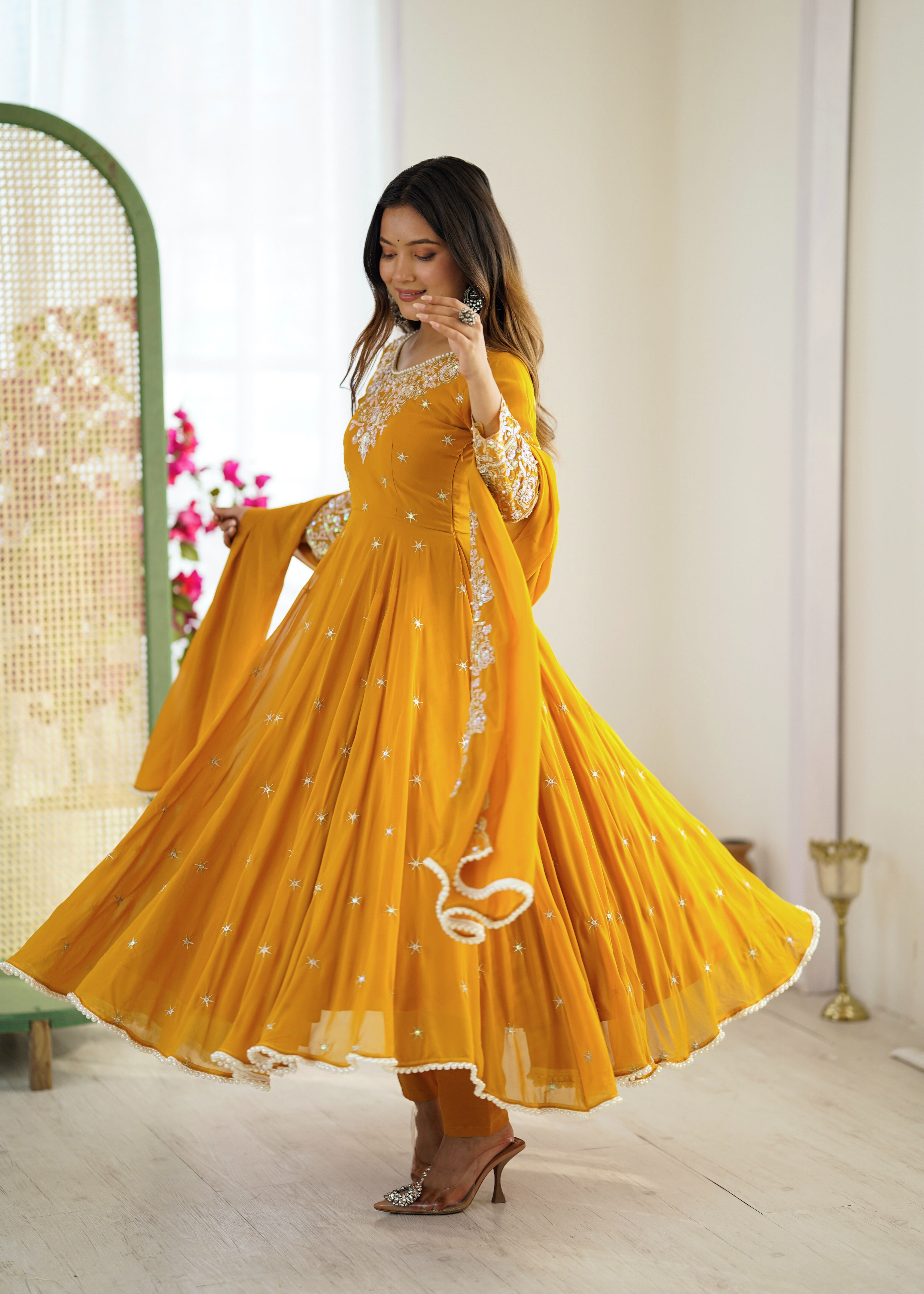 Womenline Mustard Yellow Embroidered Anarkali Suit Set with Sequined Dupatta