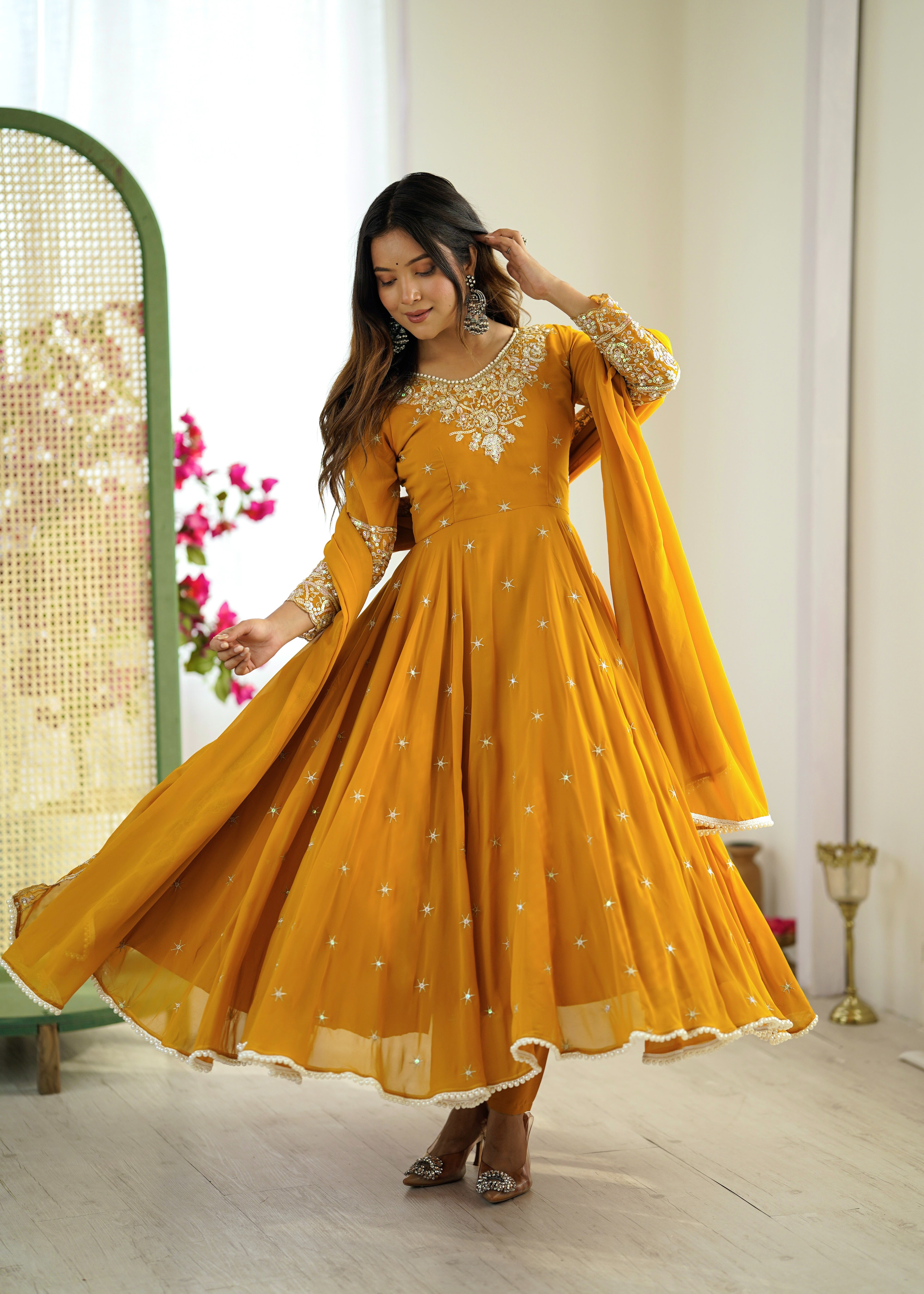 Womenline Mustard Yellow Embroidered Anarkali Suit Set with Sequined Dupatta