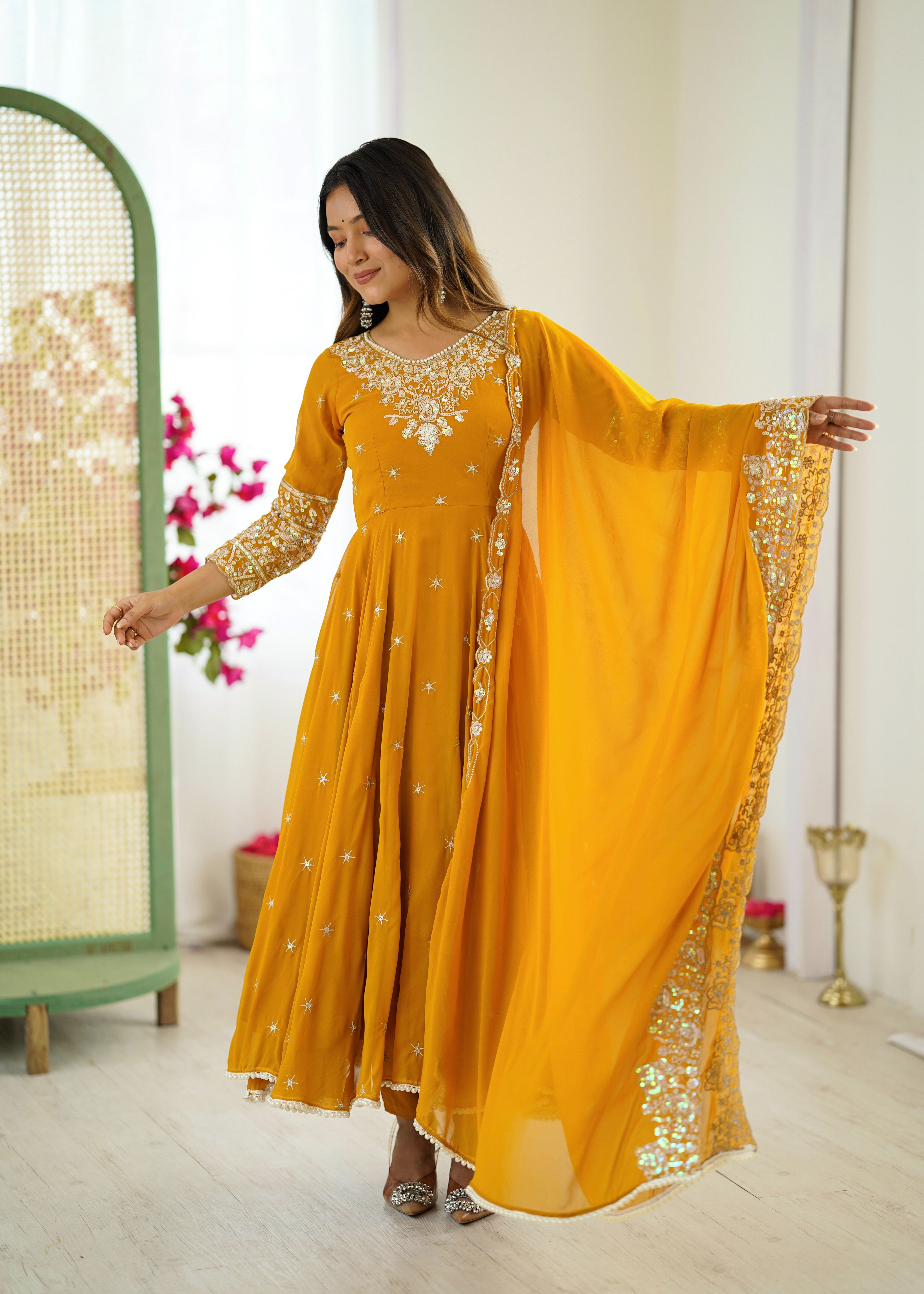 Womenline Mustard Yellow Embroidered Anarkali Suit Set with Sequined Dupatta