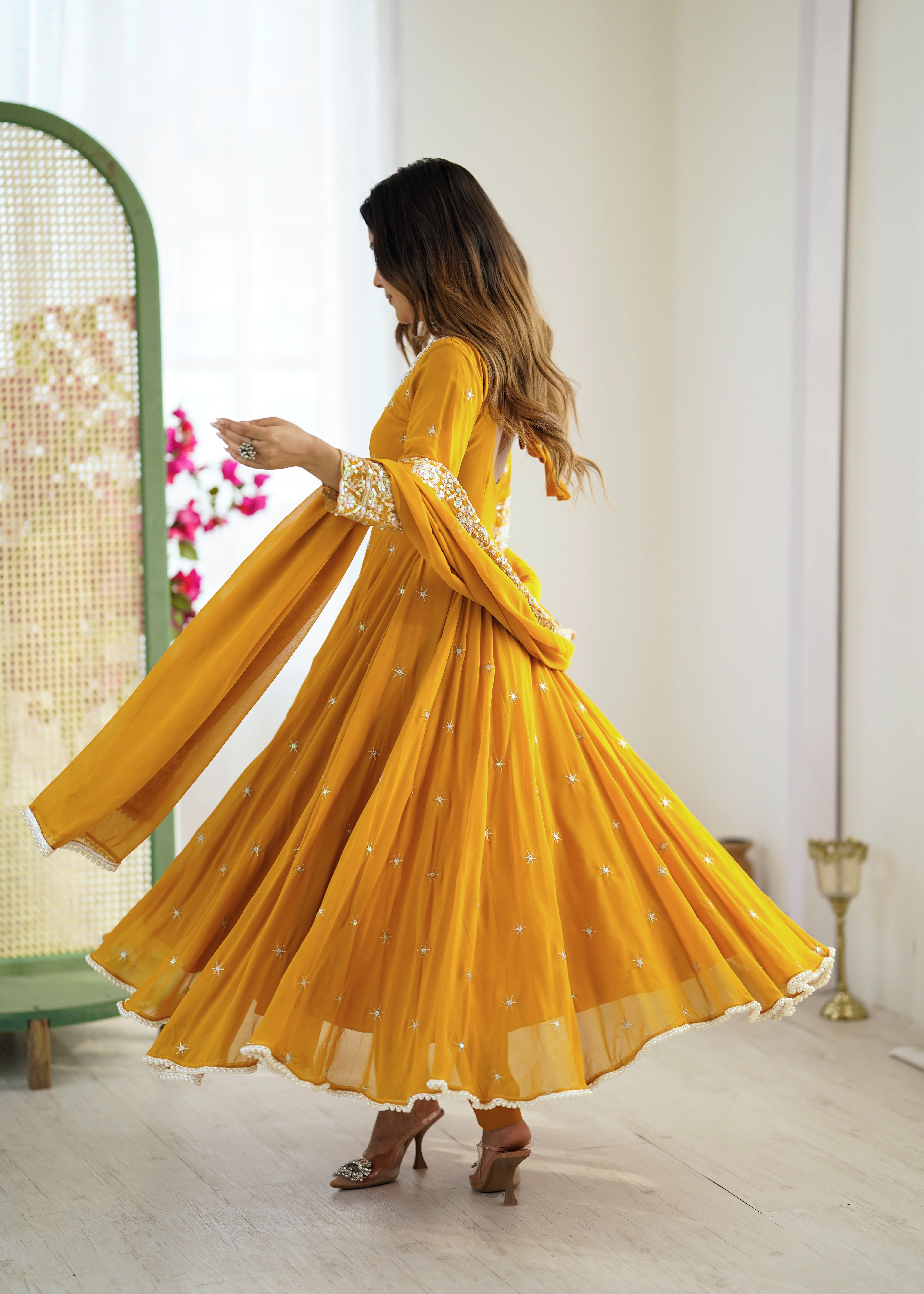Womenline Mustard Yellow Embroidered Anarkali Suit Set with Sequined Dupatta