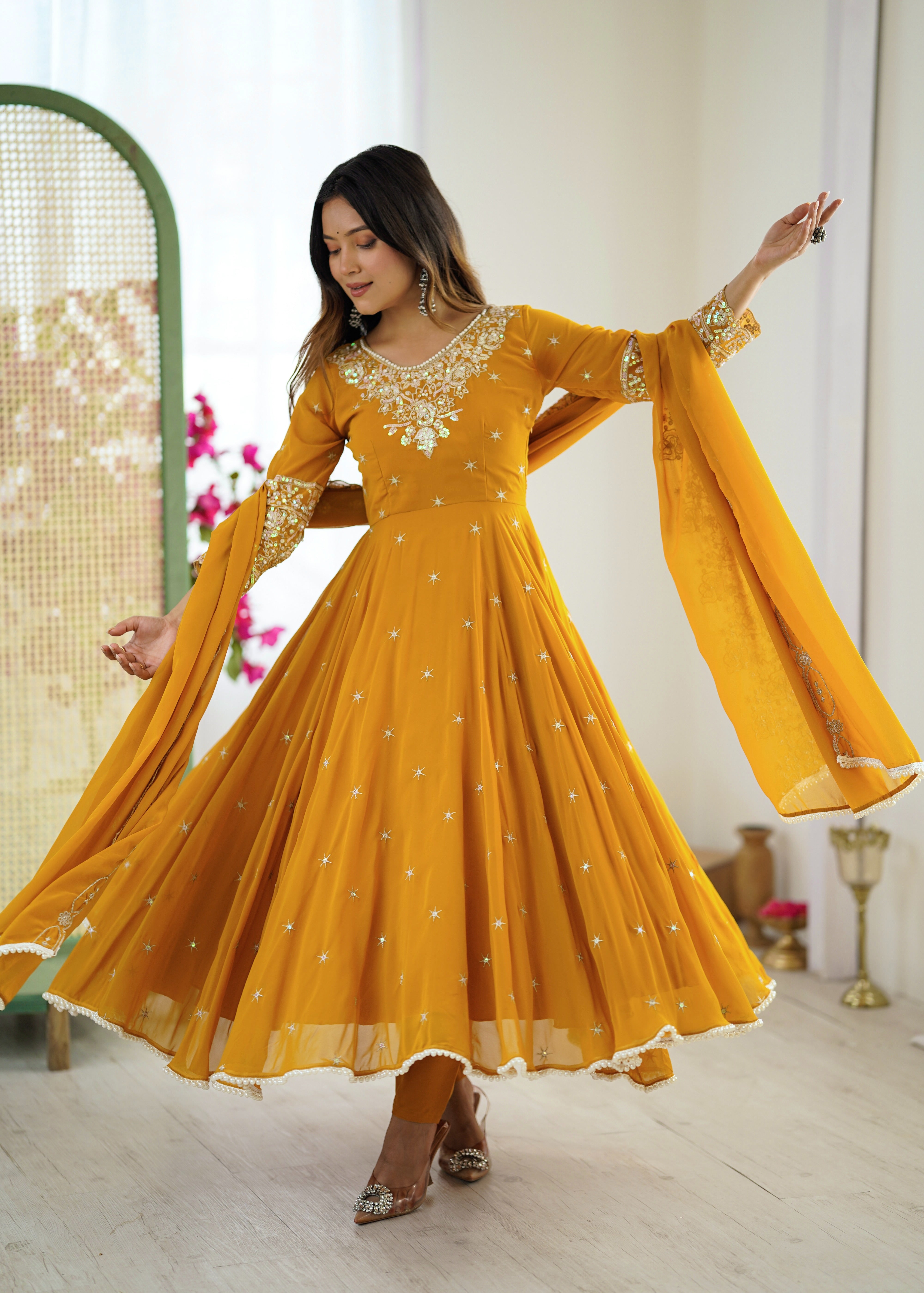Womenline Mustard Yellow Embroidered Anarkali Suit Set with Sequined Dupatta