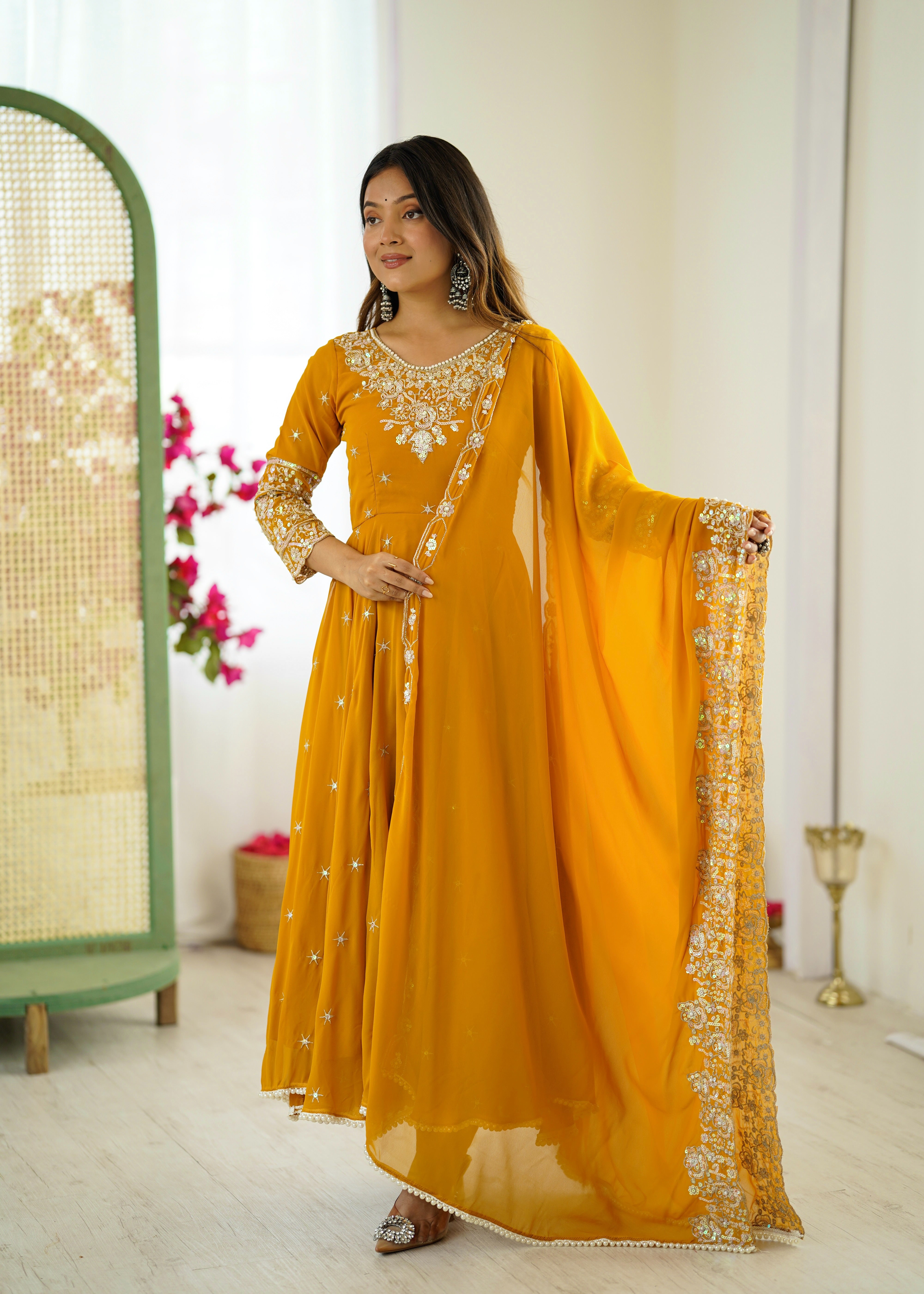 Womenline Mustard Yellow Embroidered Anarkali Suit Set with Sequined Dupatta