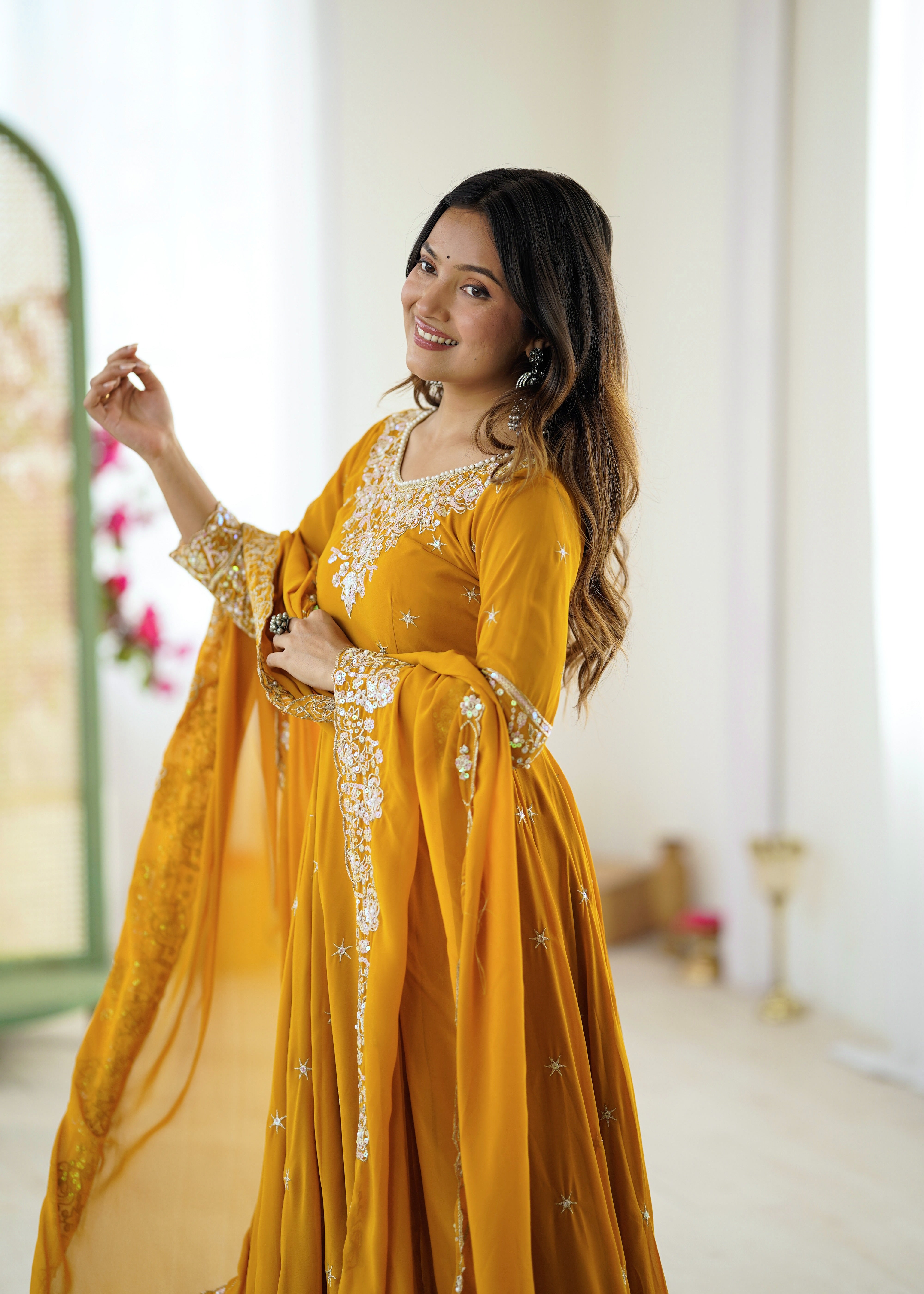 Womenline Mustard Yellow Embroidered Anarkali Suit Set with Sequined Dupatta