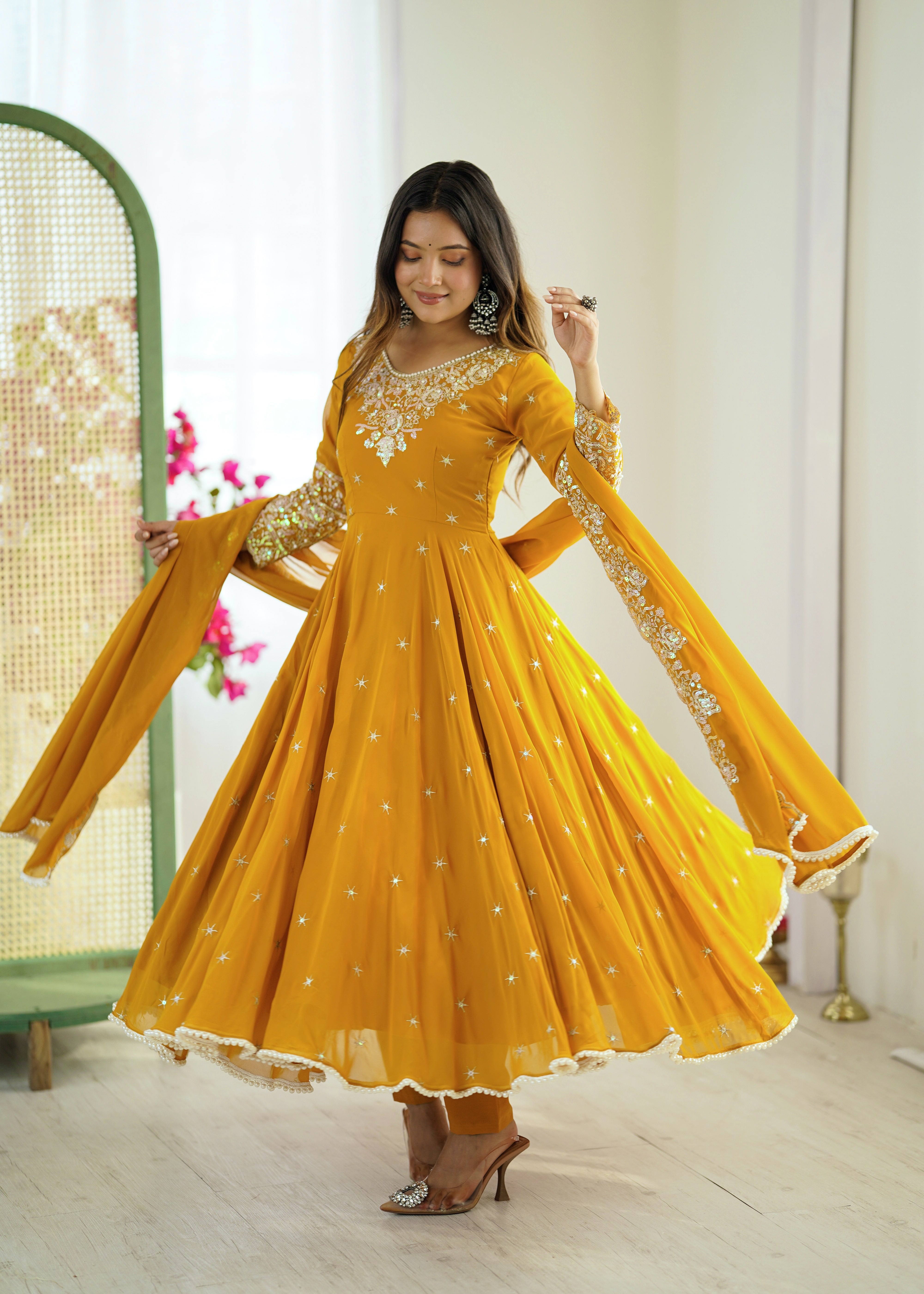 Womenline Mustard Yellow Embroidered Anarkali Suit Set with Sequined Dupatta